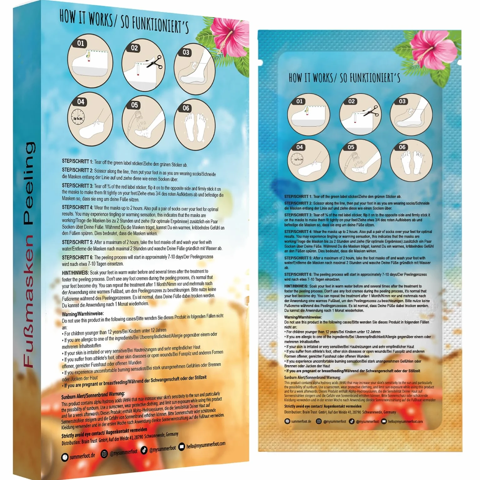 Summer Foot Premium maska do stóp do usuwania zrogowaciałego naskórka, aksamitnie miękkie i delikatne stopy po jednym zastosowaniu, przetestowana dermatologicznie, instrukcja obsługi w jęz. niemieckim