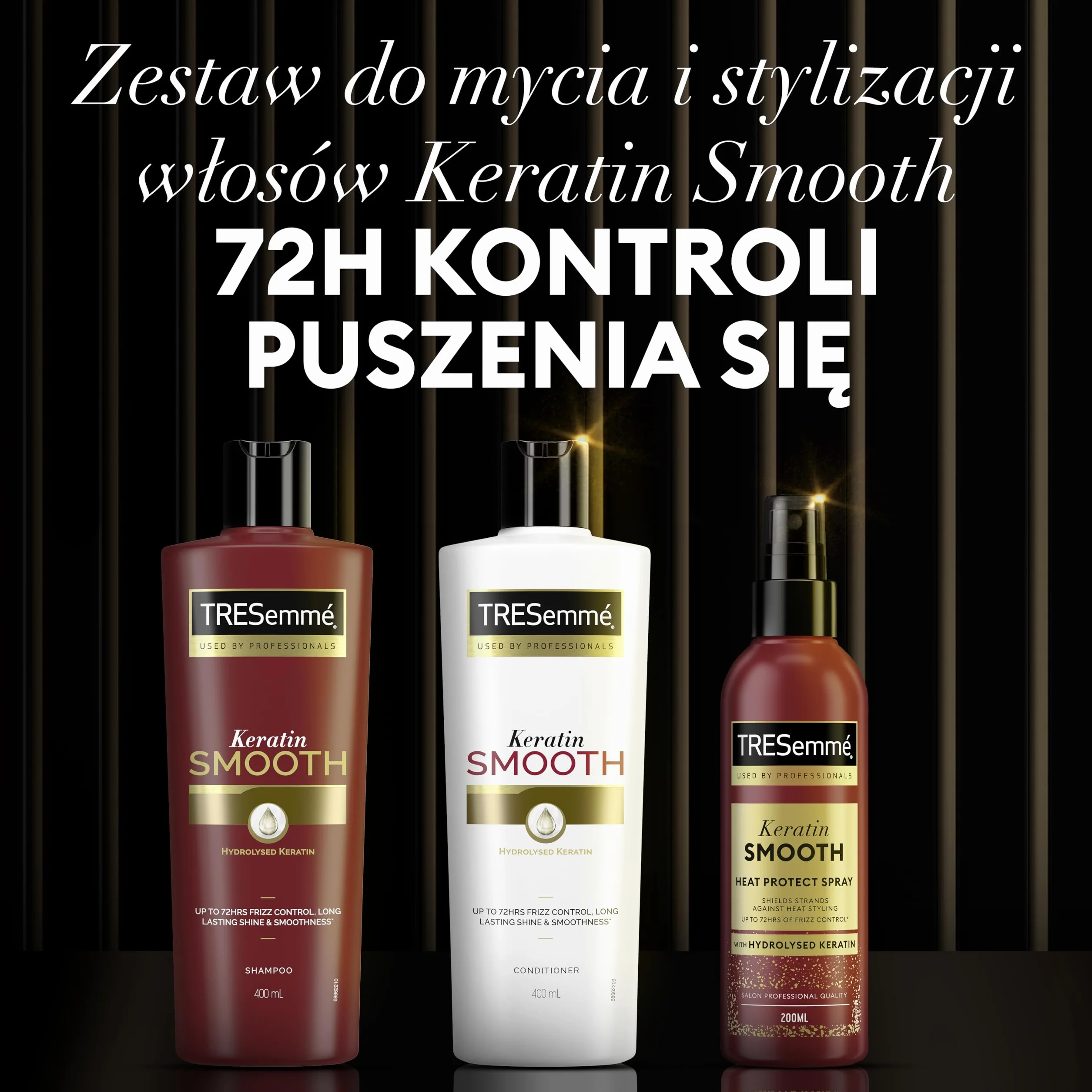 TRESemmé Szampon, Odżywka i Spray termoochronny Keratin Smooth zestaw kosmetyków do pielęgnacji włosów chroniący przed wilgocią z hydrolizowaną keratyną 400 ml + 400 ml + 200 ml 3