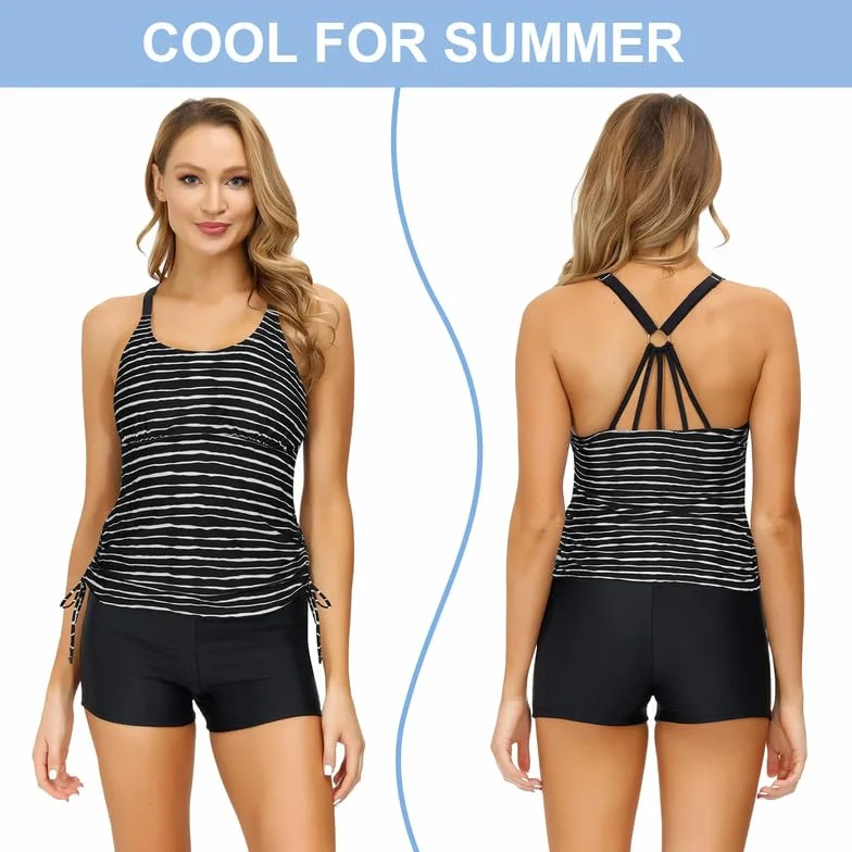 JASAMBAC Tankini damski dwuczęściowy kostium kąpielowy, wyszczuplający brzuch, tankini, górna część i wysoki stan, szorty kąpielowe, z regulowanymi szelkami, sportowy strój plażowy