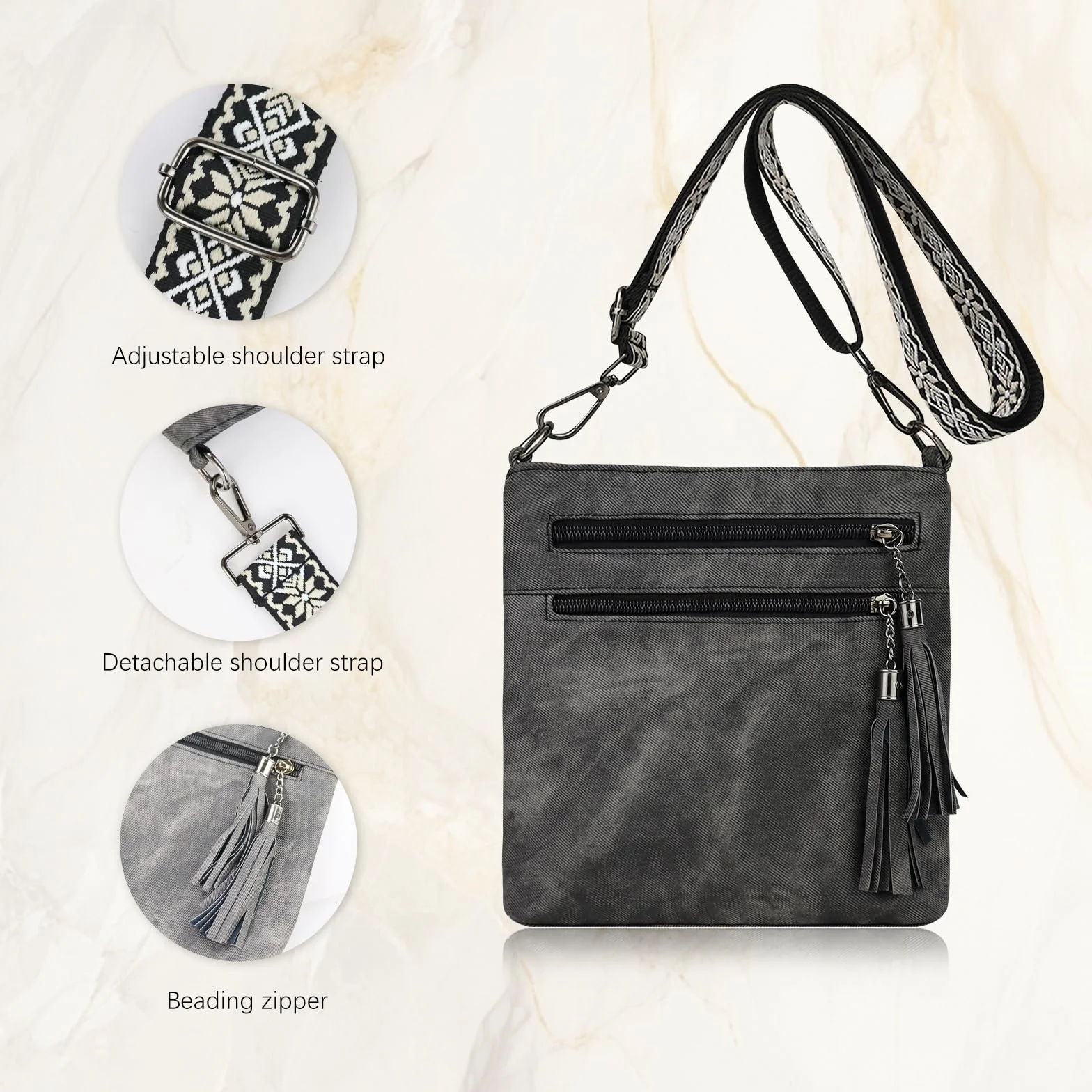 AfitLulu 4 kieszenie Crossbody Bag damska torba na ramię z zamkiem błyskawicznym z frędzlami, modna damska torba na ramię ze sztucznej skóry, z odpinanymi i regulowanymi paskami na ramiona