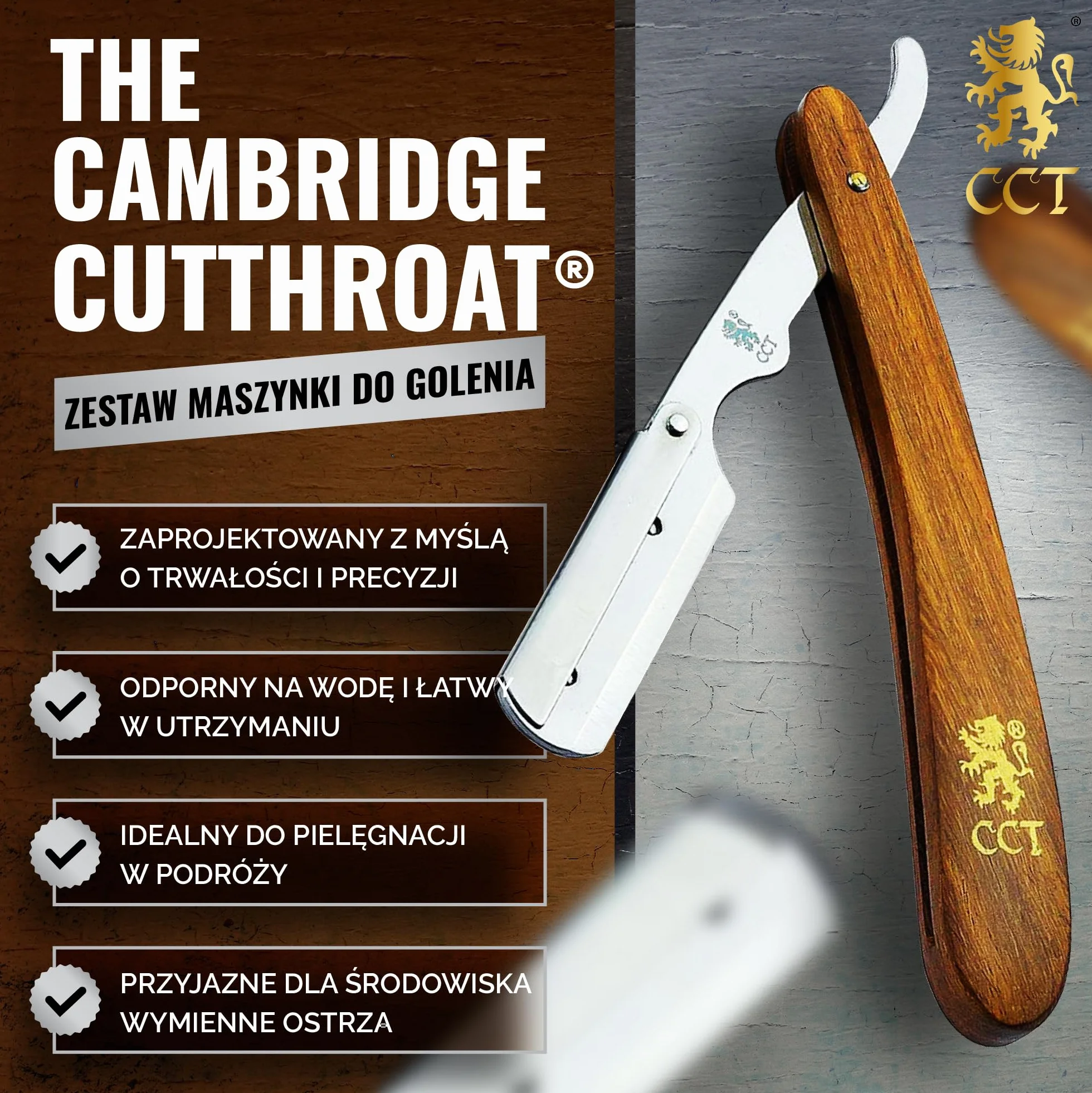 Profesjonalny zestaw brzytwy The Cambridge Cutthroat® Missanda z Drewna i Stali Nierdzewnej, brzytwa z pojedynczym ostrzem premium, do stylizacji wąsów i brody, z etui podróżnym