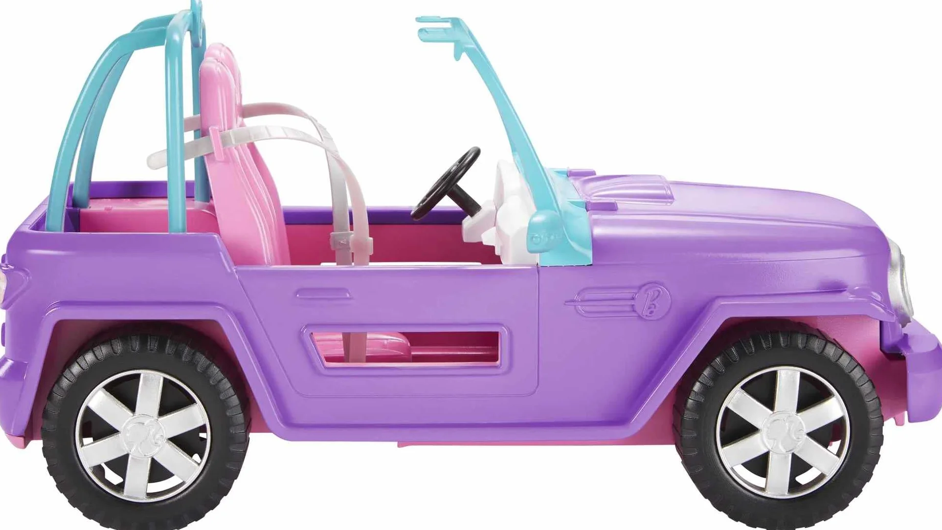 Barbie Plażowy Jeep, fioletowy pojazd z 2 różowymi siedzeniami i kręcącymi się kołami, wspaniały prezent dla dzieci w wieku od 3 do 7 lat, GMT46