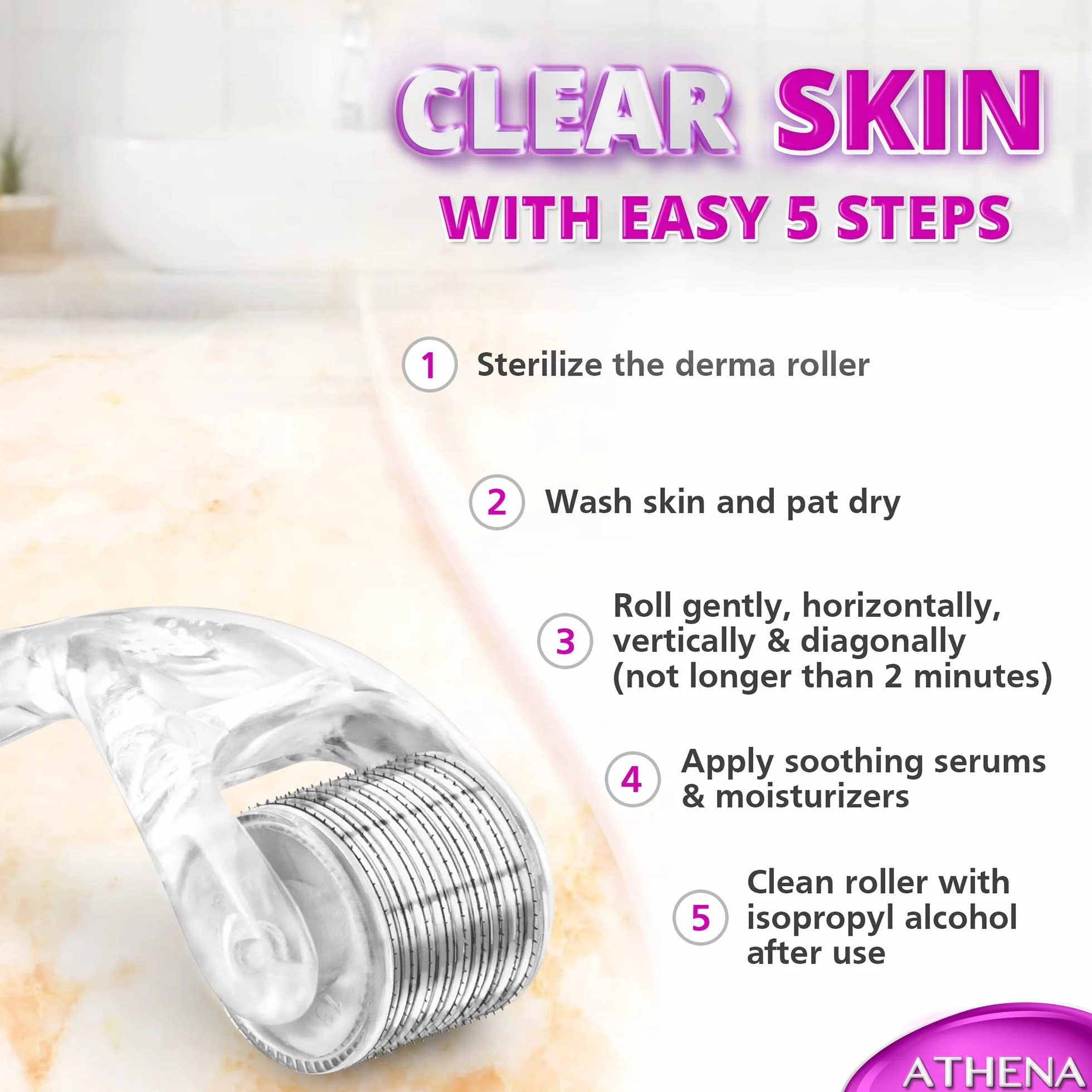 Derma Roller 540 tytanowe mikroigły (0,25 mm) do pielęgnacji skóry z etui podróżnym, ergonomiczna konstrukcja, by Athena London Skincare