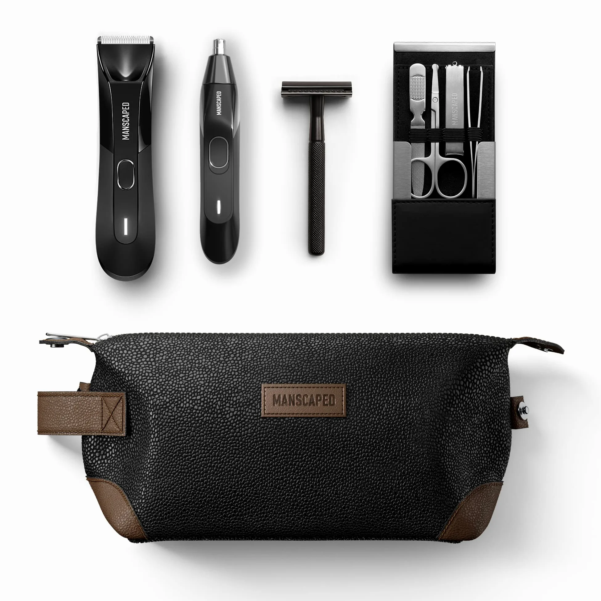 MANSCAPED® The Tool Box 4.0 Contains: The Lawn Mower® 4.0 Electric Trimmer, The Weed Whacker® 2.0 Nose & Ear Hair Trimmer, The Plow® 2.0, The Shears Four Piece Luxury Nail Kit, The Shed Toiletry Bag