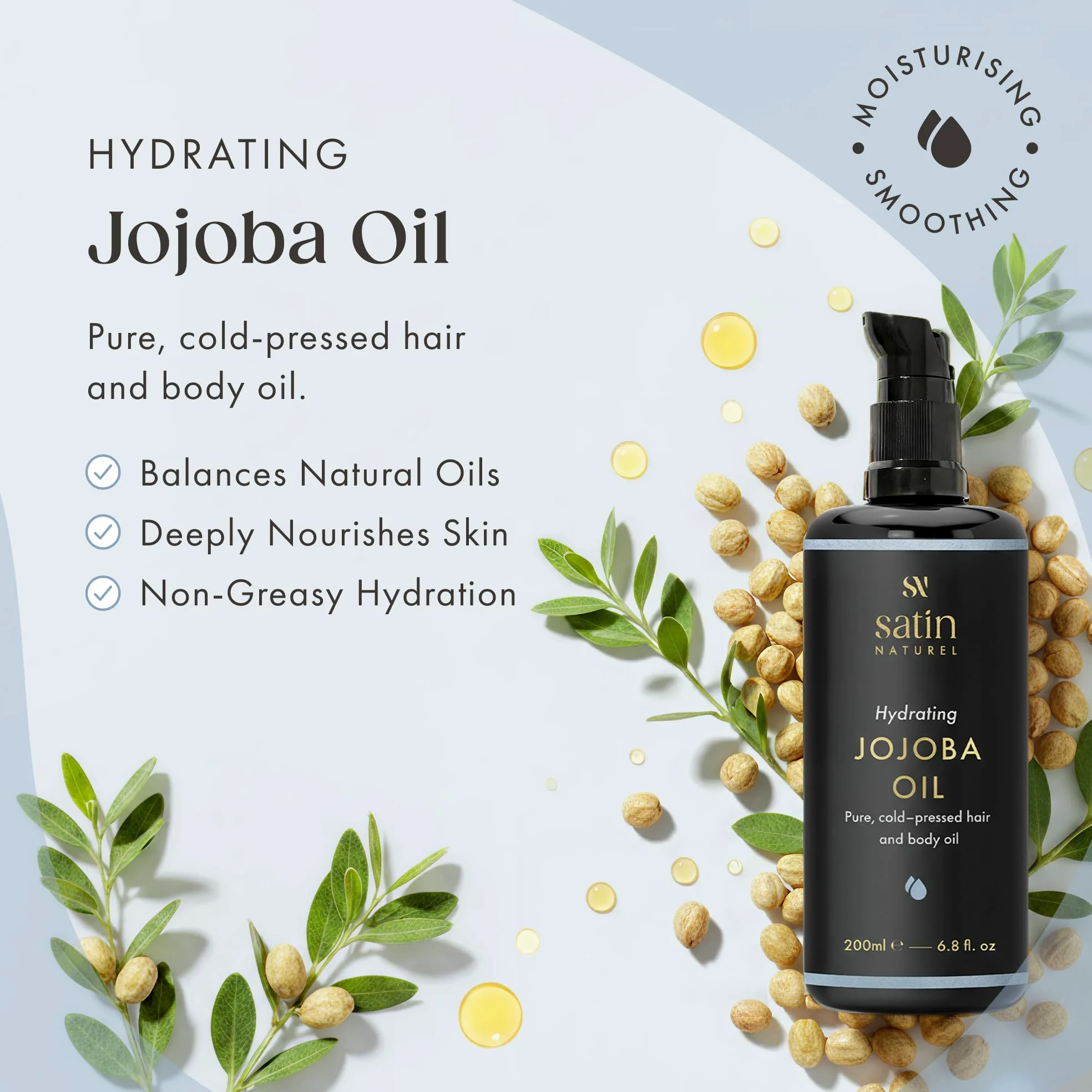 Satin Naturel Organiczny olej jojoba 200 ml wegański na zimno 100% czysty witamina E pielęgnacja skóry włosów paznokci