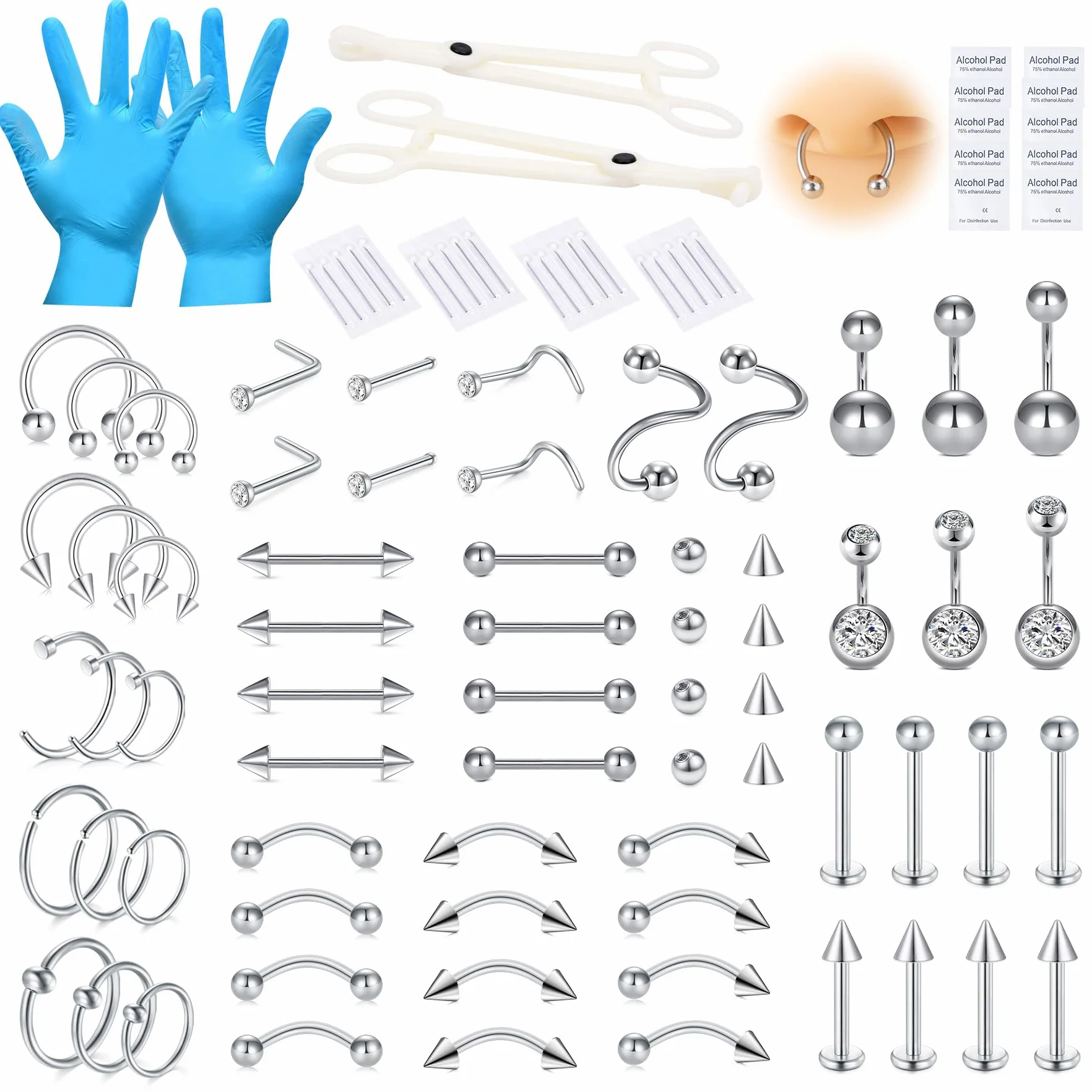 AVYRING 99 sztuk zestaw piercingów 14G 16G 18G 20G 316L stal chirurgiczna narzędzia do piercingu