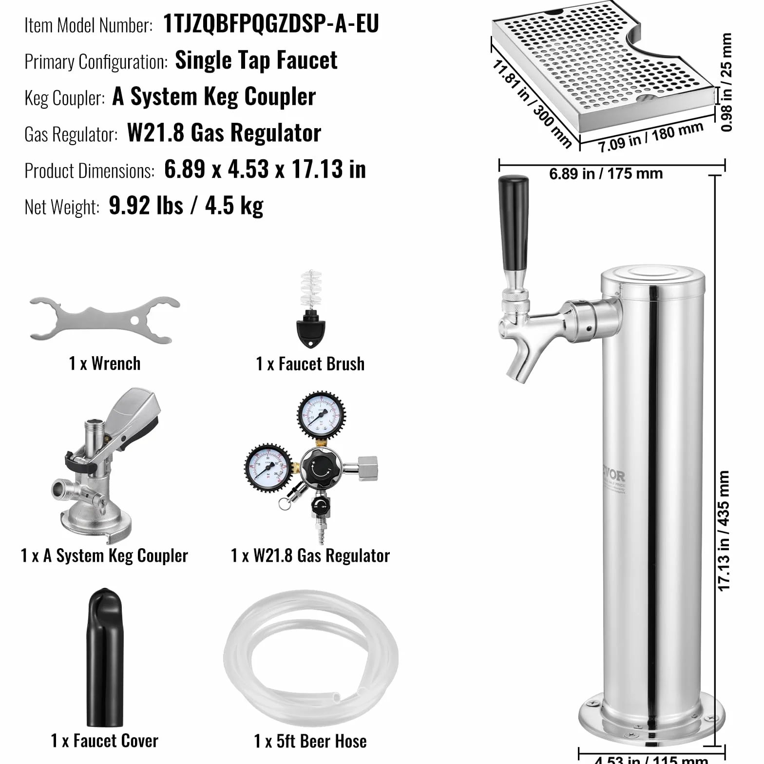 VEVOR Kegerator zestaw do konwersji piwa, pojedynczy kranik do piwa, nalewak do wieży piwnej ze stali nierdzewnej z podwójnym urządzeniem pomiarowym W21.8 i sprzęgłem beczkowym systemu A, tacka
