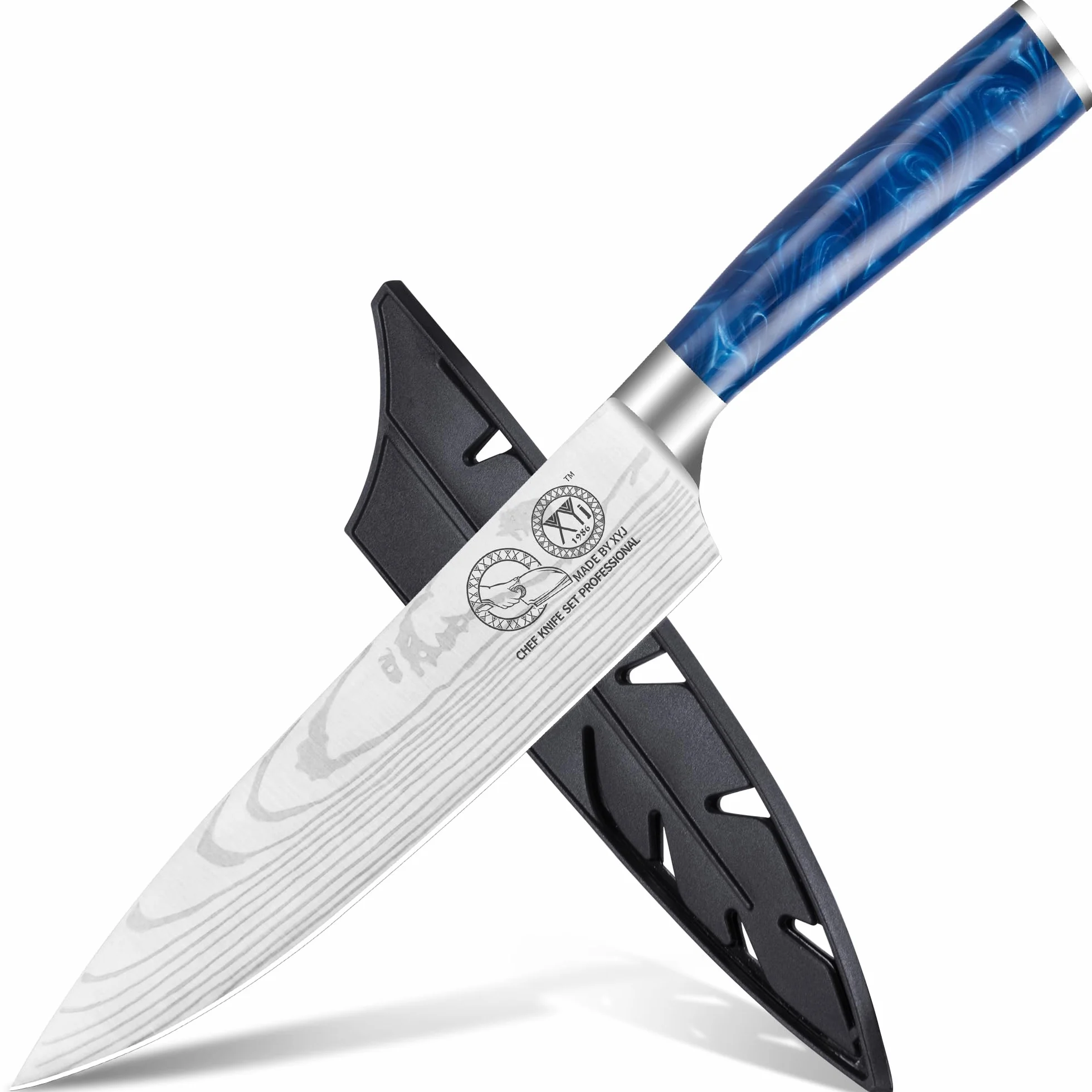 XYJ Professional Japanese Chef Knife 8 Inch Stainless Steel,Vein Damascus Pattern Sharp Blade,Meat Cleaver,Slicing Cooking Kitchen Knife With Sheath,Portable Outdoor Camping BBQ