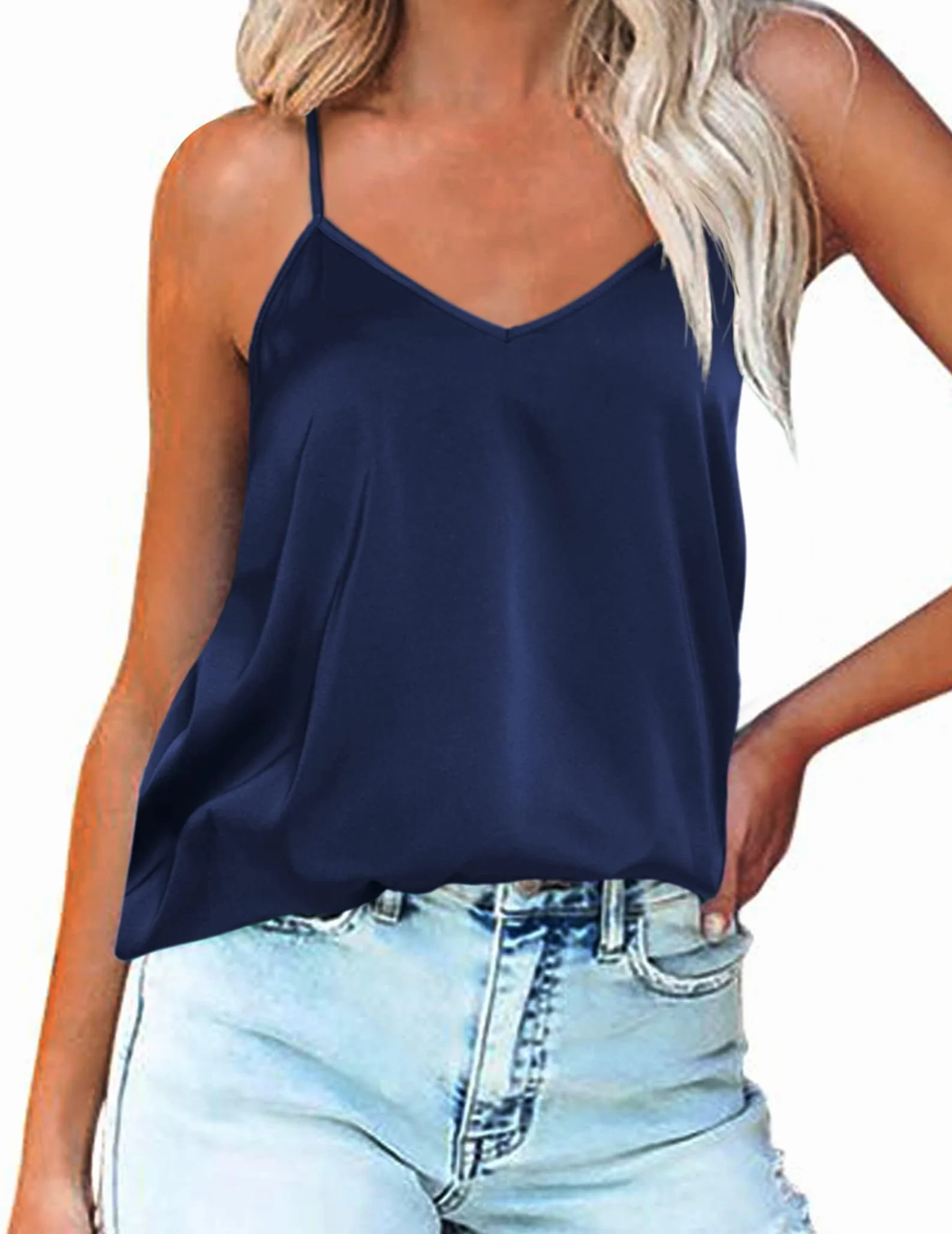 Ekouaer Damskie satynowe staniki i podkoszulki na cienkich regulowanych ramiączkach, bez rękawów, typu camisole z dekoltem w serek, podstawowa S-XXL