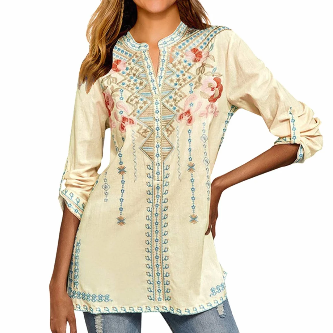 Damskie boho haftowane topy z długim rękawem boho luźna tunika bluzki boho tunika hipisowska haftowane kwiaty luźny T-shirt rękaw rękawy puff guzik stójka kołnierz szyfon koszula