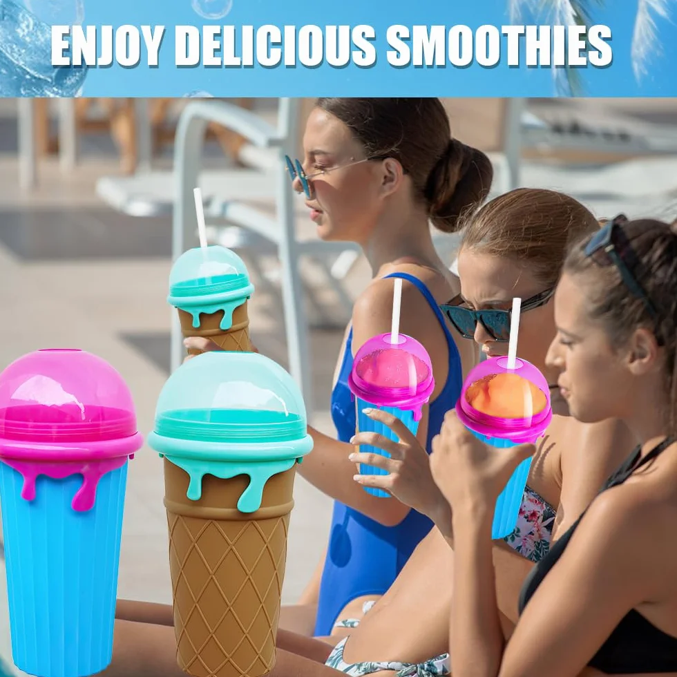 LUFEIS Slushy Maker Cup, 2 szt. 500 ml Frozens Squeeze Cup silikonowy kubek z słomą i łyżką 2 w 1, smoothie DIY Homemade Smoothie Cup, wielokrotnego użytku, dwuwarstwowe smoothie