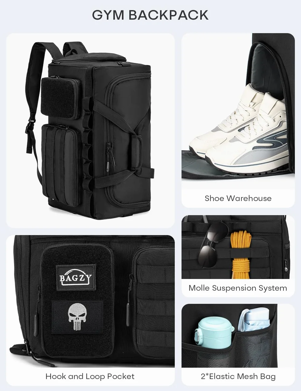 BAGZY Taktyczna Wojskowa Torba Podróżna 50L, Sportowa Torba Męska, Wodoodporna, Torba Do Jazdy Konnej, Torba Treningowa z Przegrodą Na Buty, Idealna Na Podróże, Sport, Fitness, Weekend, Camping Czarny