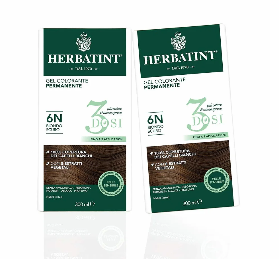 Herbatint Żel do barwienia permanentnego, 3 dawki, 6N, ciemny blond, 2 opakowania (2 x 300 ml)