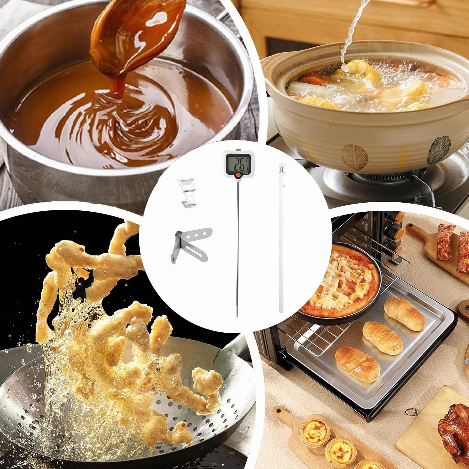 Termometr do oleju kuchennego, przyrz?d pomiarowy z d?ug? sond? z haczykiem do garnka | Termometr do mi?sa z obrotowym wy?wietlaczem - do restauracji gotowania, grillowania, grillowania, zewn?trz