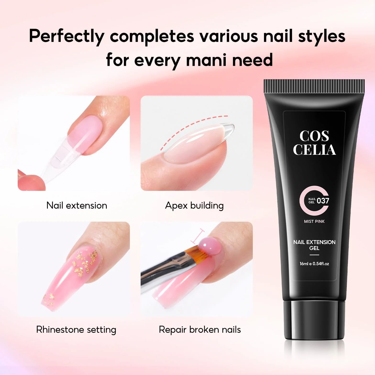 COSCELIA Zestaw do przedłużania paznokci żelowych 4x16ml Poly żel z lampą Top Coat Base Nail Mold
