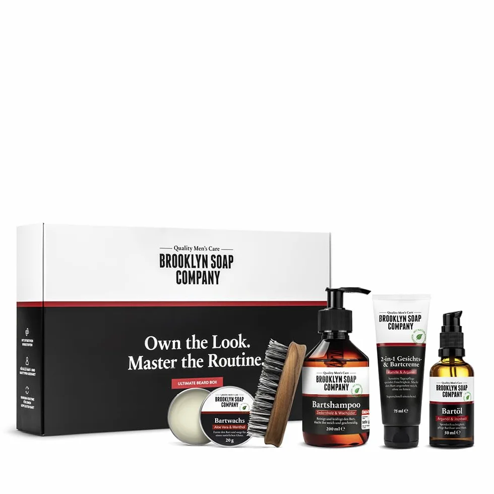 Brooklyn Soap Company · Ultimate Beard Box · Zestaw do pielęgnacji brody wraz z olejkiem do brody, szamponem do brody, szczotką do brody, woskiem do brody i kremem do brody · pomysł na prezent dla