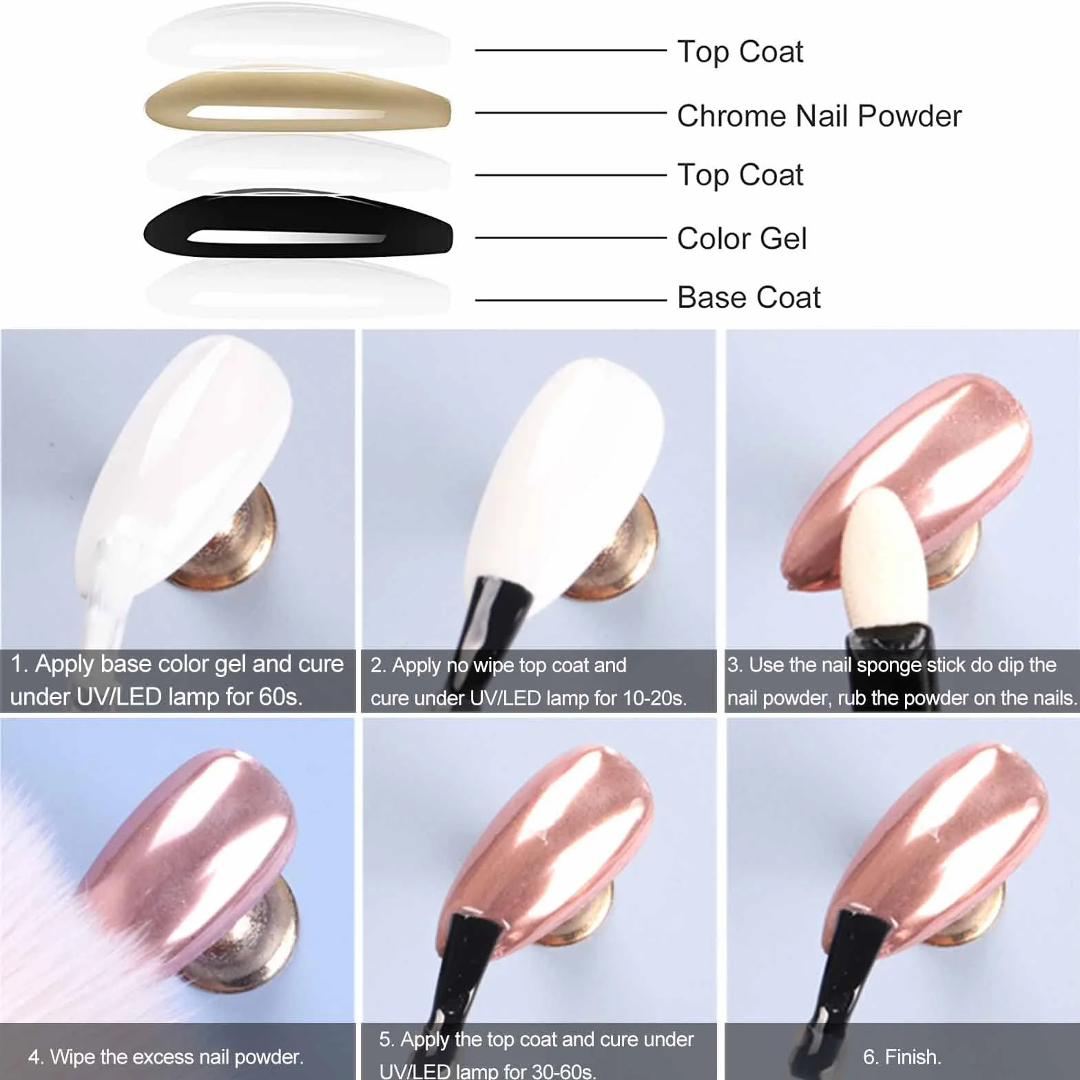 6 kolorów chromowany puder do paznokci - metaliczny efekt lustrzany Cromer Nail Powder, perłowy złoty holograficzny puder do zdobienia paznokci, dekoracja manicure, 6 kolorów