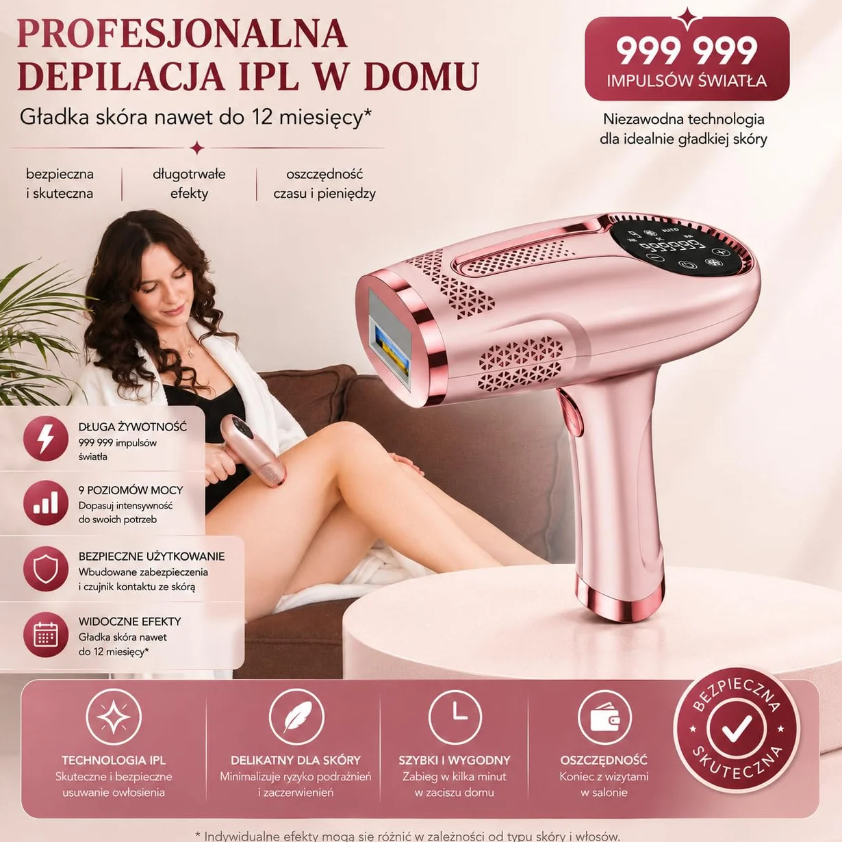 Depilator IPL z Chłodzeniem Ice Cool FitbyMed 1 000 000 Impulsów 9 Poziomów Mocy Tryb AUTO Czujnik Skóry Różowy