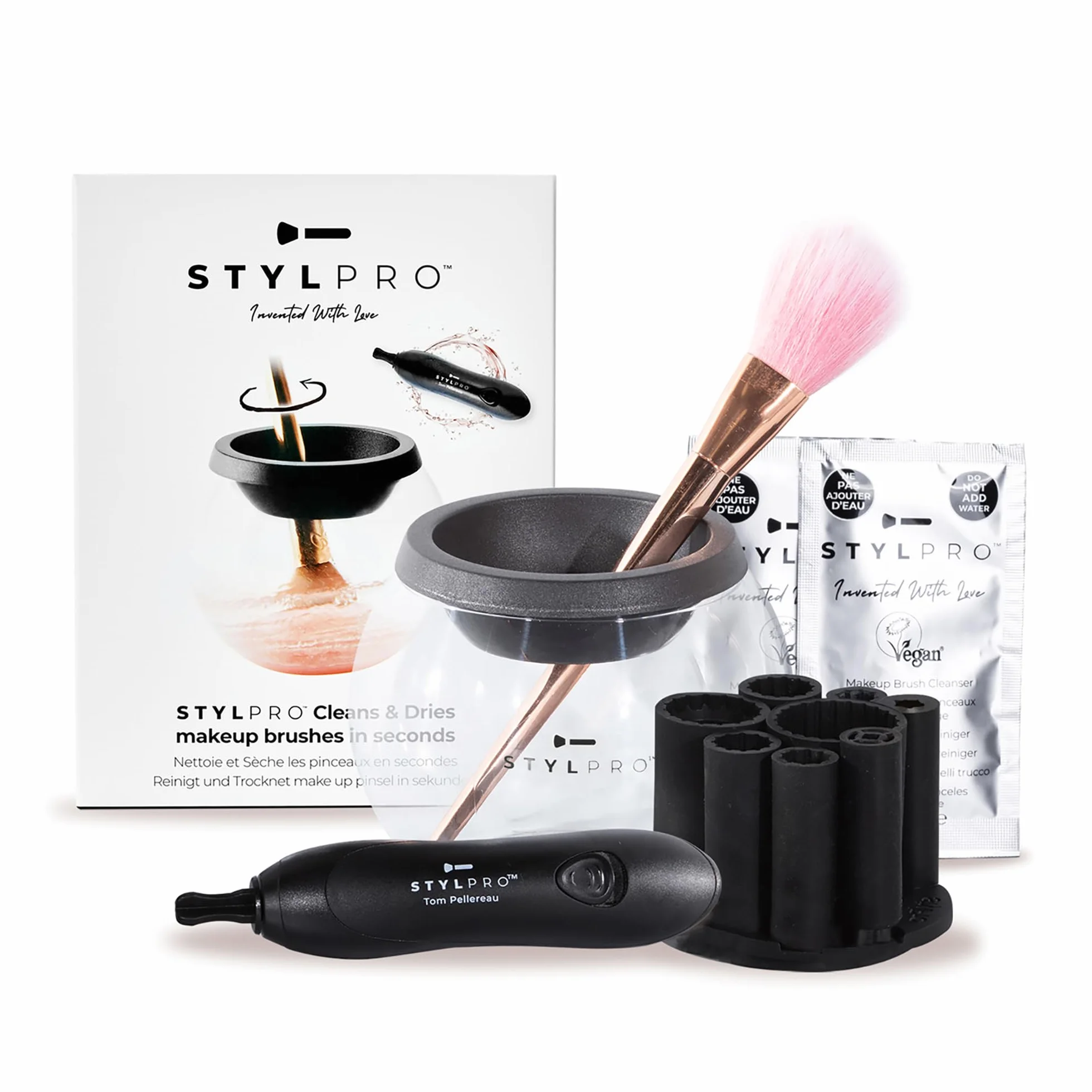 STYLPRO Suszarka do czyszczenia pędzli do makijażu 2 w 1 – najlepsza elektryczna szczotka do makijażu pralka 30 sekund sucha – wegański produkt kosmetyczny od Inventor Tom Pellereau