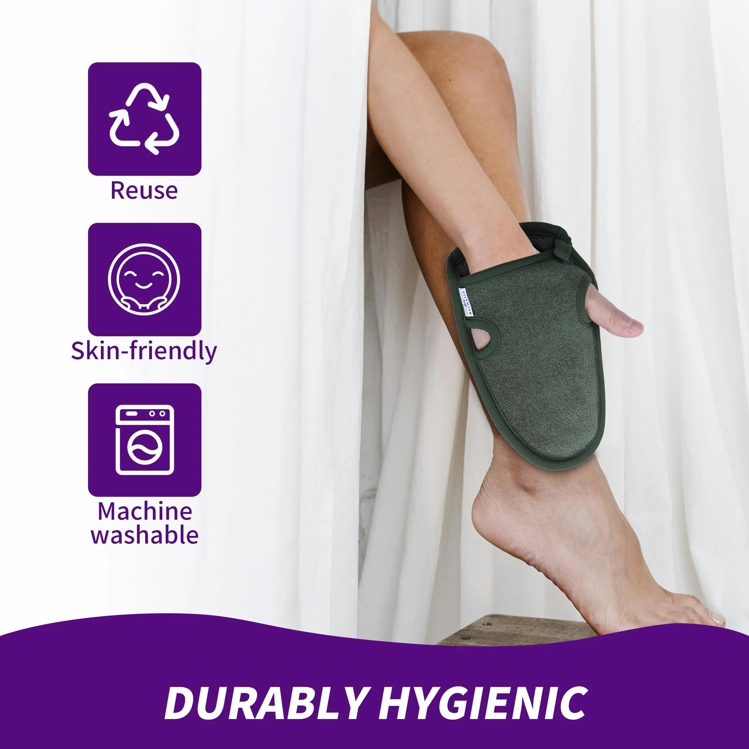 2x Rękawica Peelingująca z Naturalnego Włókna | Usuwa Martwy Naskórek | Gąbka do Peeling Ciała Hammam Spa | Rękawica do Masażu i Peeling Ciała z 2 Metalowymi Haczykamy | Fioletowy + Zielony