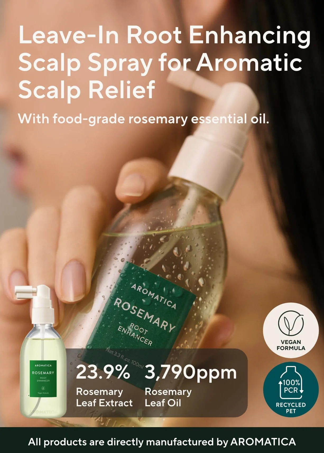 AROMATICA Wzmacniacz do korzenia rozmarynu 3,38 uncji/100 ml Odżywczy spray do skóry głowy z olejkiem eterycznym z rozmarynu "Łagodzi swędzenie, łuszcząca się i sucha skóra głowy