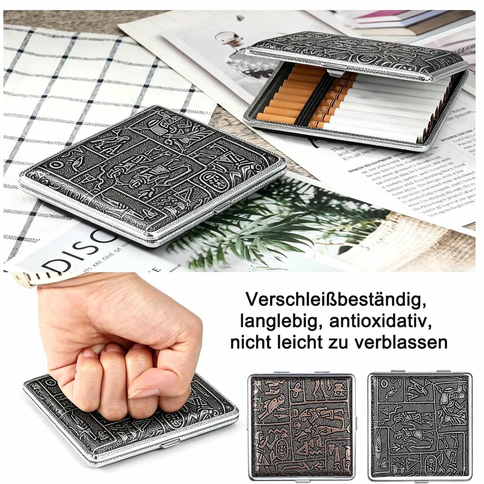 Papierośnica ze skóry metalowej, 2 sztuki papierośnic z poliuretanu (PU) na 20 papierosów, ze stali nierdzewnej, 9,5 x 9,8 x 1,8 cm, do kieszeni spodni i koszulek (kolor srebrny i złoty)