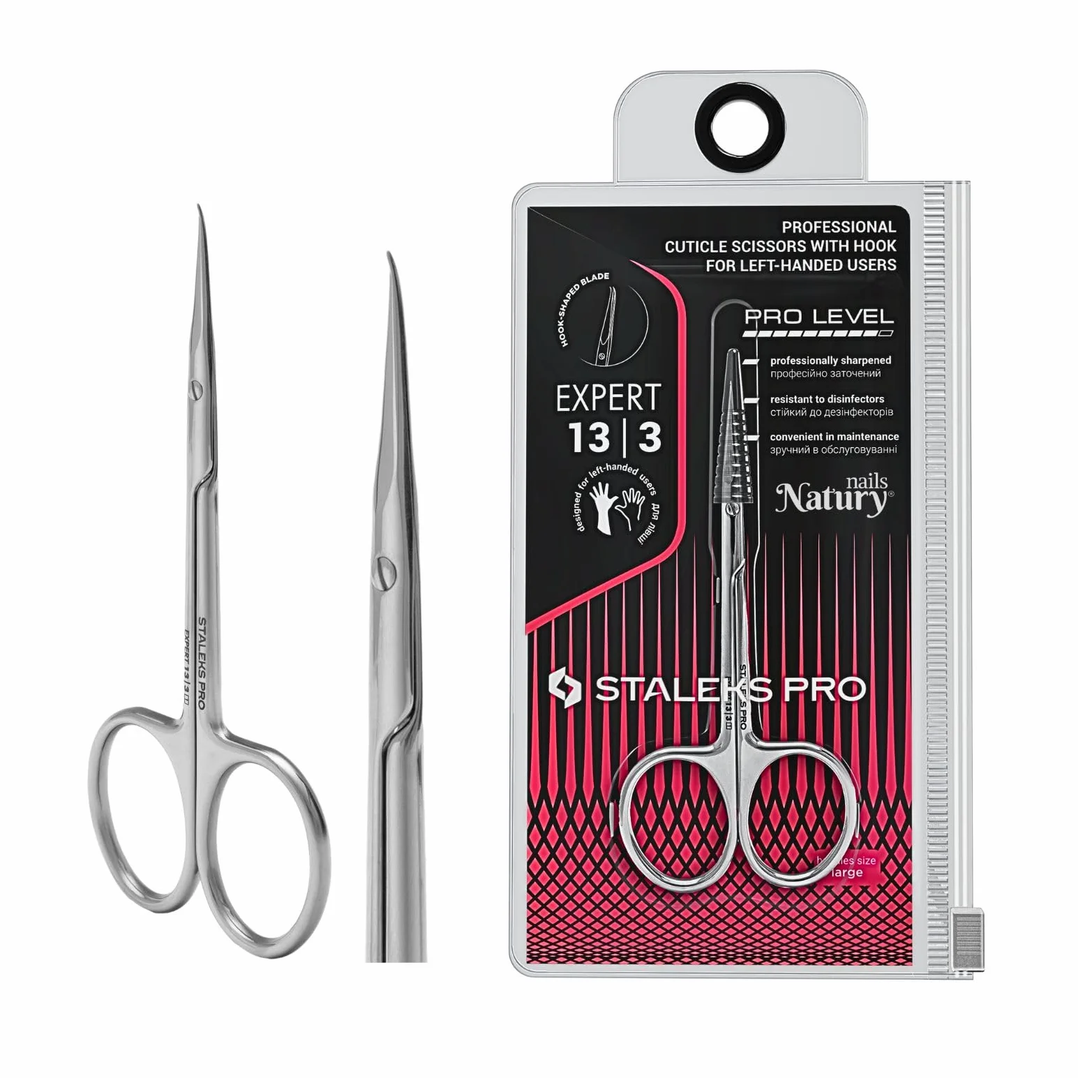 STALEKS PRO by Natury Nails Profesjonalne nożyce do skórek z haczykiem dla leworęcznych Manicure, ergonomiczne pierścienie, stal nierdzewna. Expert SE-13/3