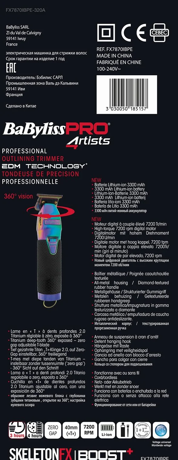 BaByliss Pro 4Artists Skeleton FX Boost+ Chameleon Trimmer FX7870IBPE, 28W, Niebieski