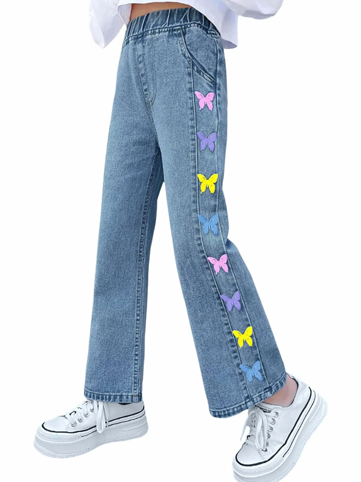 Haloumoning Dżinsy dziewczęce z nadrukiem motyla, spodnie dżinsowe, szerokie nogawki, elastyczne spodnie streetwear z kieszeniami