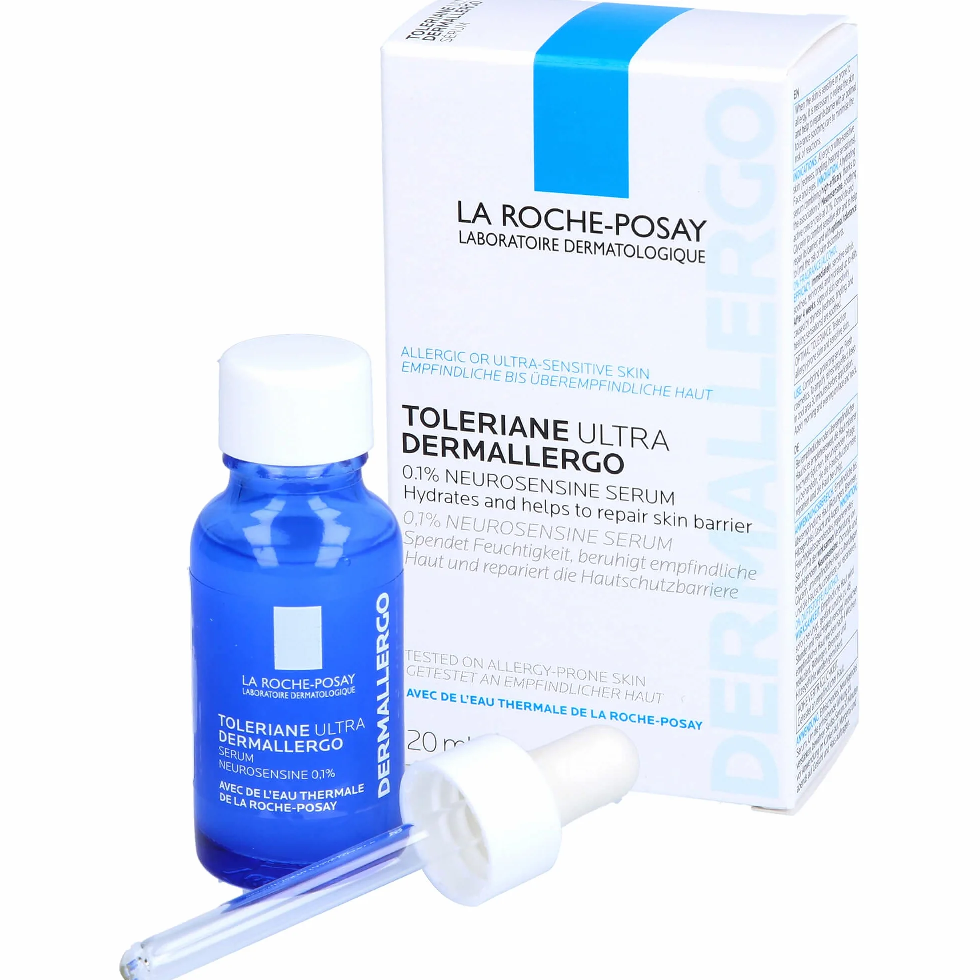 La Roche-Posay Toleriane Ultra Dermallergic, Serum kojące do twarzy i oczu, odpowiednie dla skóry alergicznej, łagodne i regenerujące, formuła z neurosenyną, osmolitem i wodą termalną, 20 ml