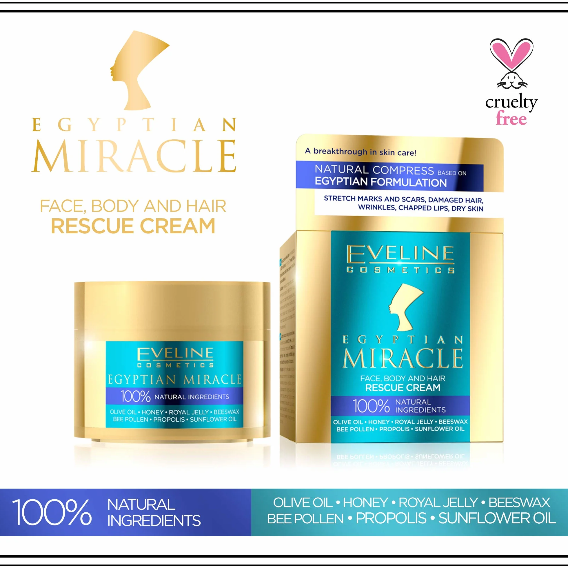 Eveline Cosmetics Egyptian Miracle - Uniwersalny Krem ​​Ratunkowy do Ciała i Włosów | 40 ml | Składniki Naturalne | Kompleksowa Opieka | Właściwości Lecznicze | Balsam Uniwersalny | Błyszczące Włosy