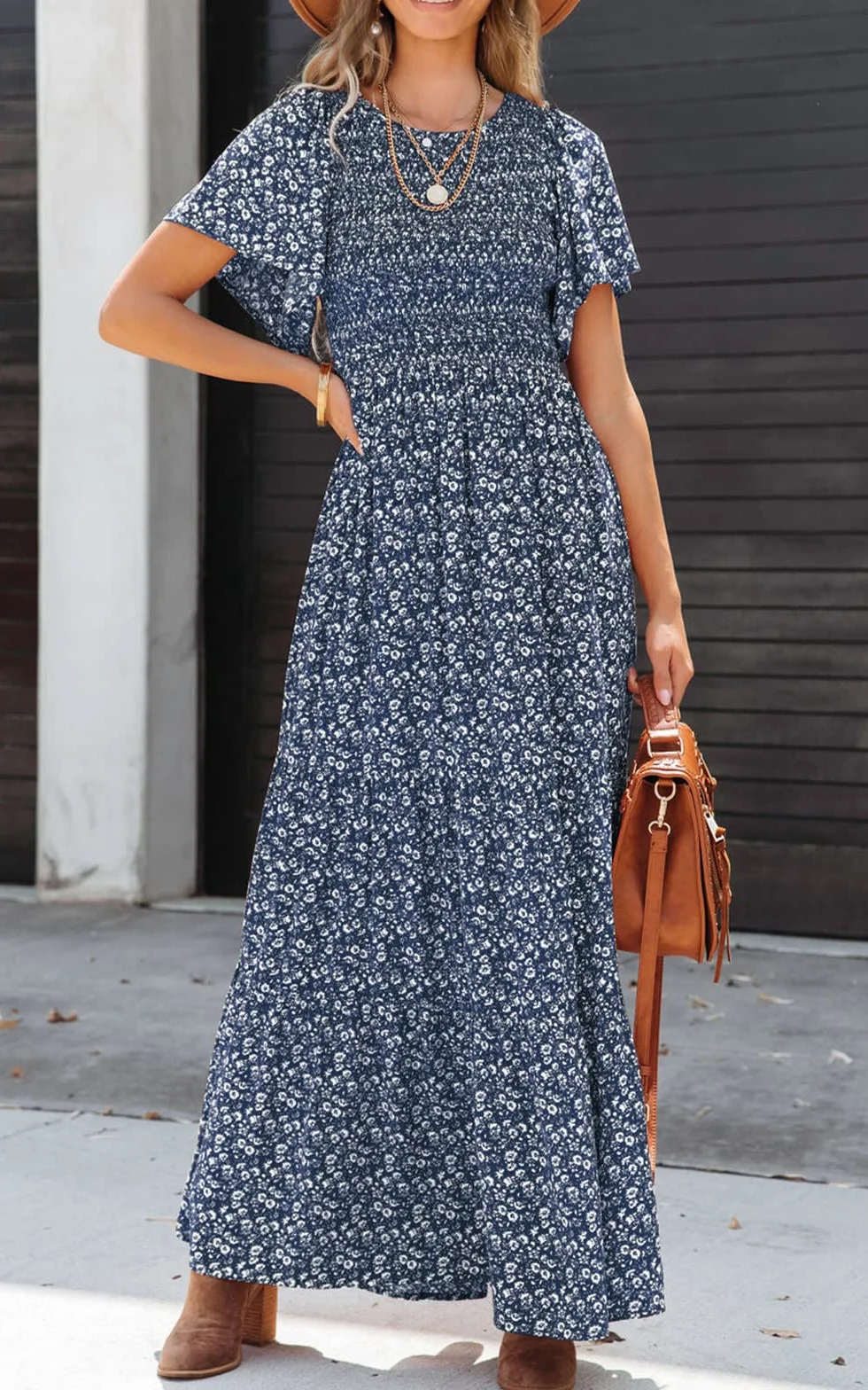 PRETTYGARDEN Women's 2025 Summer Round Neck Short Flutter Sleeve Smocked Ruffle Floral Maxi Dress Flowy Tiered Boho Dress (Navy,Medium)