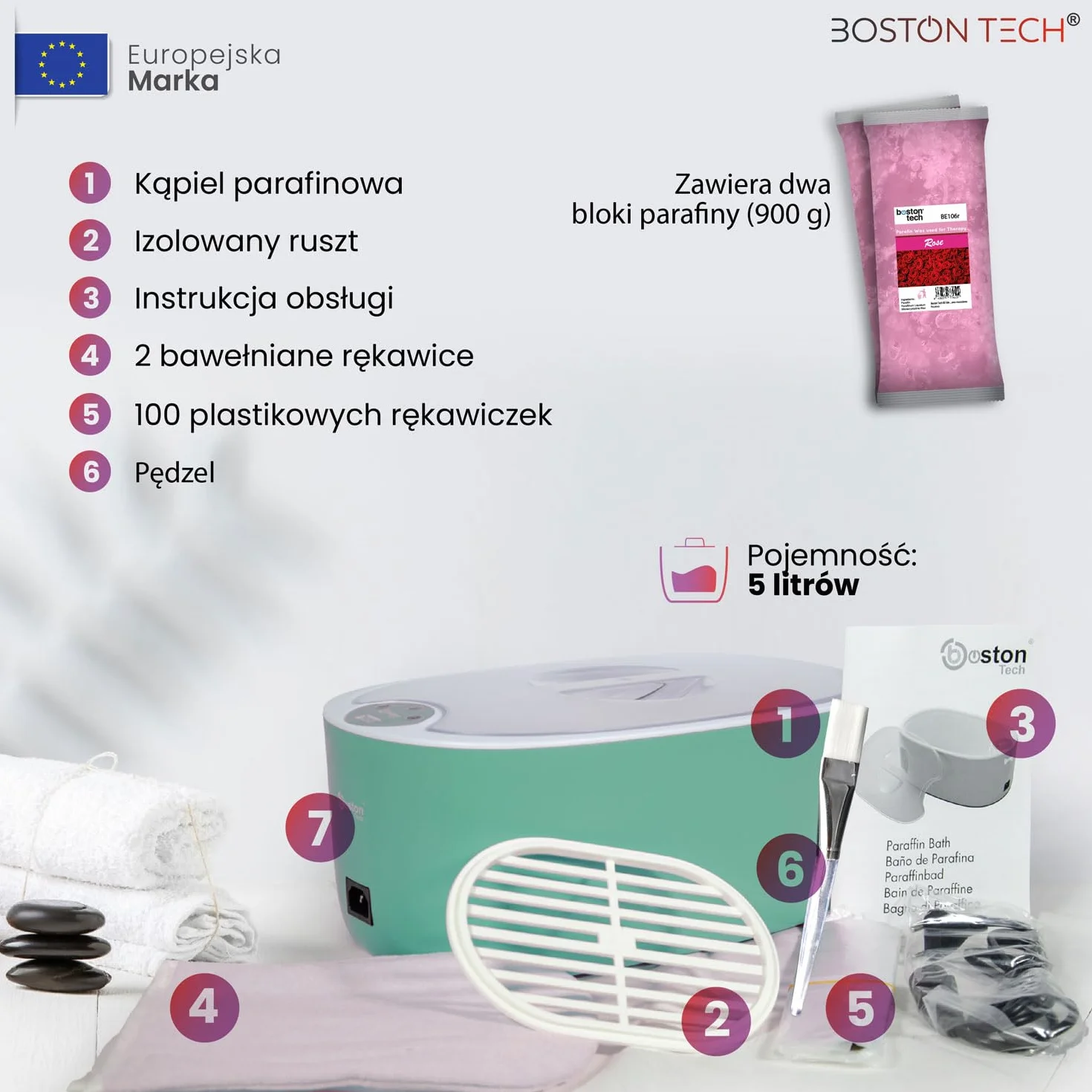 Kąpiel parafinowa do rąk i stóp firmy Boston Tech® | Łagodzenie bólu mięśni i zapalenia stawów | Nawilża, zmiękcza i ożywia skórę | Pojemność 5L + 2 bloki woskowe (900g) + akcesoria premium