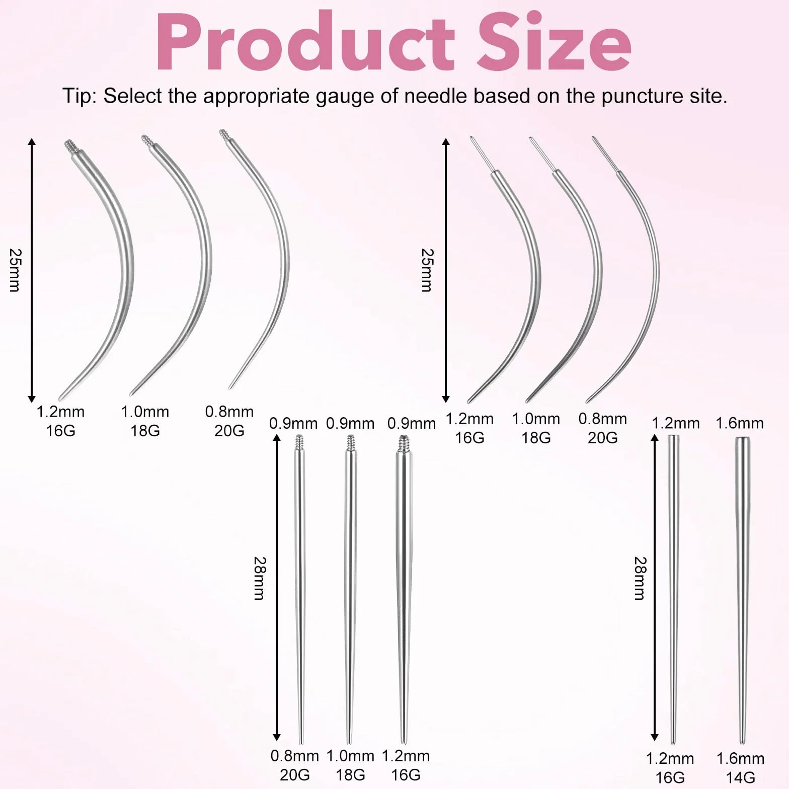 Zestaw 12 igieł do piercingu i pęsety kulkowe 14G, 16G, 18G, 20G, 20 G, zaciski do piercingu bez gwintu wewnętrznego i zewnętrznego