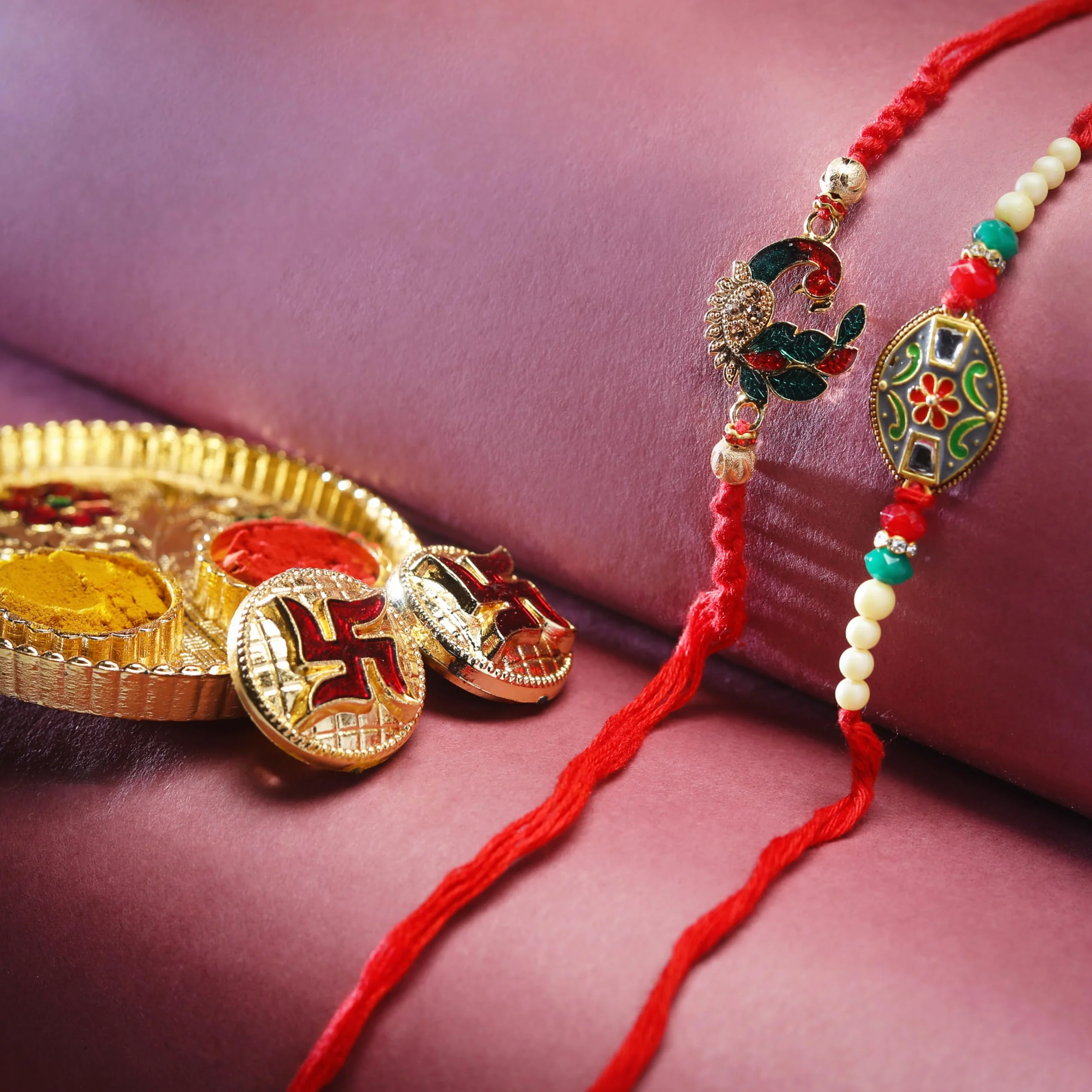 Aditri Creation Zestaw 2 rakhi dla brata, Rakhi dla Bhai, Bhaiya, Veera, Rakhi, bransoletka z nicią, Dora do Raksha, bandhan, opakowanie prezentowe z uchwytem Tilak Copra Kumkum Plate dla Pooja Indian
