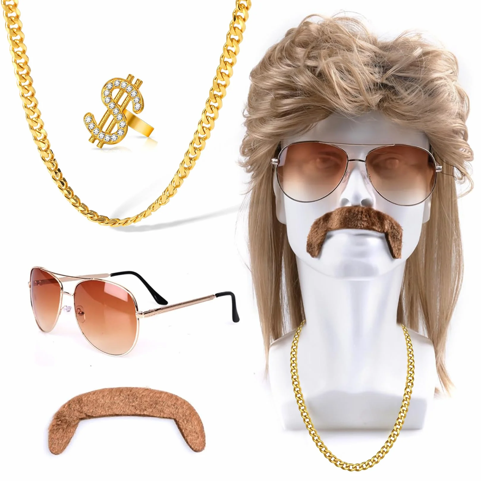 80s strój męskie peruki zestaw 5 akcesoriów hipisowskich 70s 80s Mullet peruka męska dla Cosplay kostium na Halloween impreza tematyczna