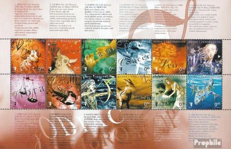 Prophila Collection Bośnia i Hercegowina 323-334 łuk zdowy (kompletne wydanie) po świeżej ** MNH 2004 znaki zodiaku (znaczki pocztowe dla kolekcjonerów) astrologia/znak zodiaku
