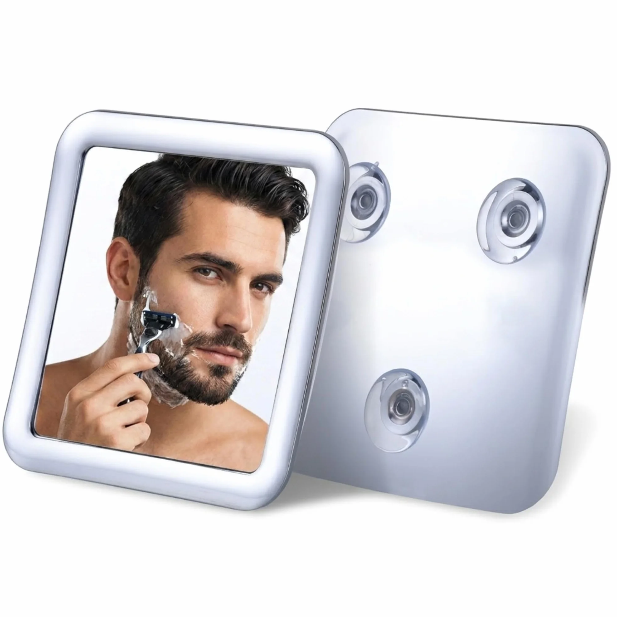 MIRRORVANA Lustro prysznicowe przeciwmgielne z potrójną przyssawką - Nietłukące się plastikowe lustro łazienkowe do golenia i brody - 13,5 cm x 13,5 cm (chrom) Shower Mirror