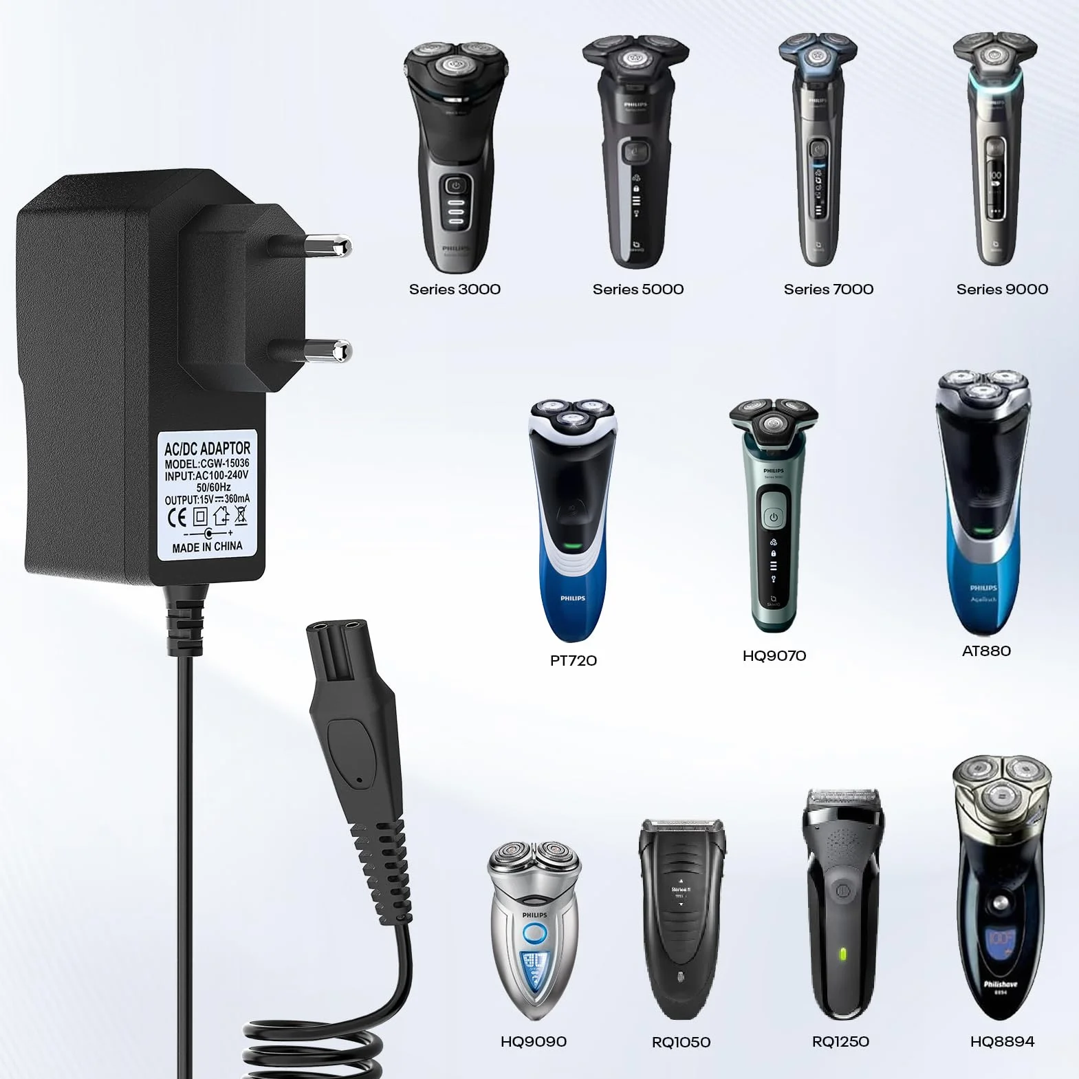 GlasFlength Ładowarka do golarki Philips HQ8505, 15 V do kabla ładującego 5,4 W do kabla ładującego do QG3200 QG3300 serii QT4050 CRP136 kabel ładujący do Philips PT720 HQ8830 RQ1250 (czarny)