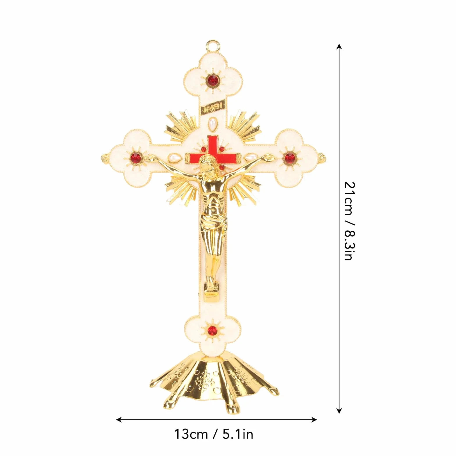 Fockety Stojący Krzyż Znakomity Metalowy Krzyż Stojący Elegancki Retro Retro Krzyż Krzyż Czerwony Rhinestone Dekoracji Z Podstawą Katolicki Krzyż Jezusa Długotrwały
