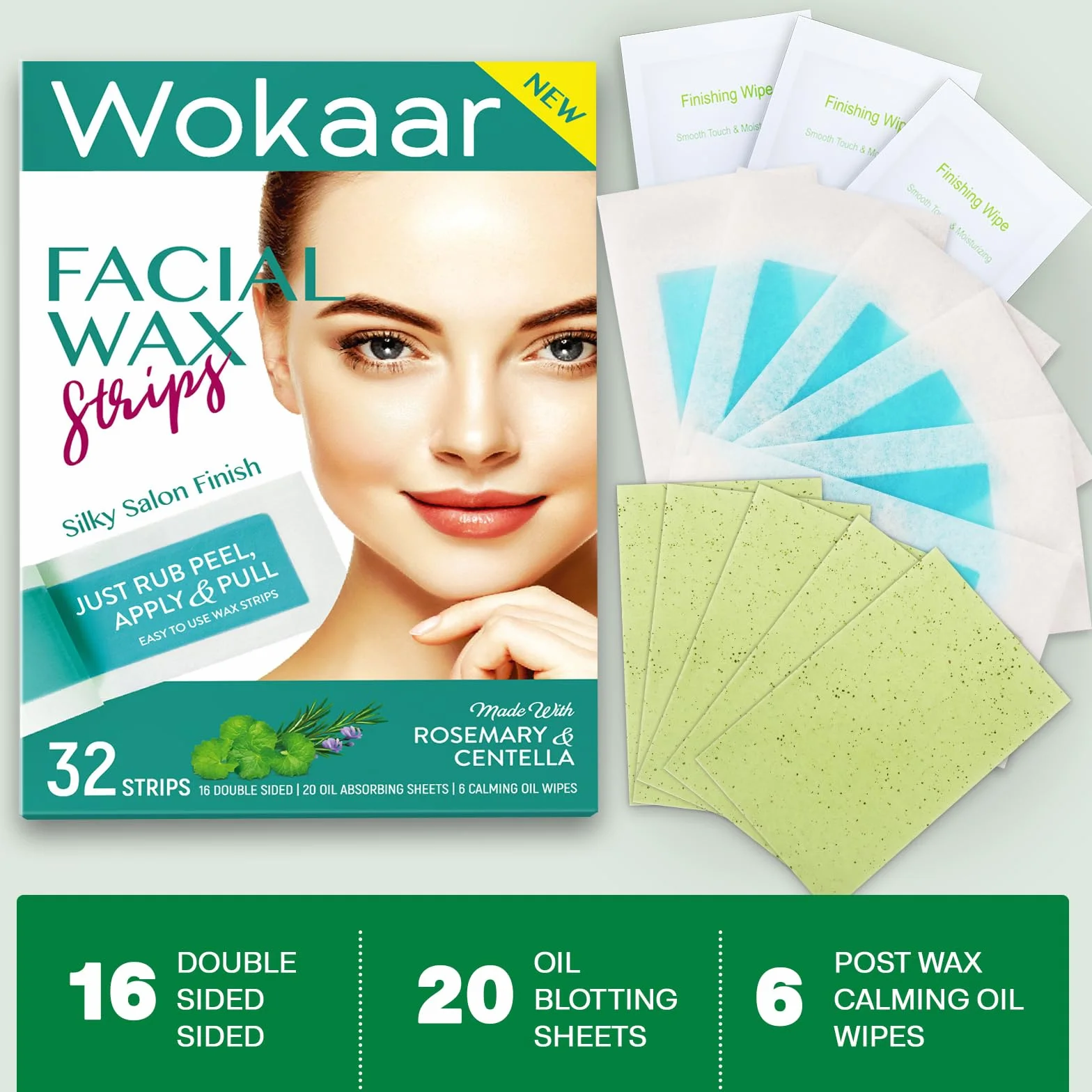 Paski woskowe do twarzy 2 w 1 dla kobiet i mężczyzn, usuwanie włosów bikini do podróży i domu, zestaw do woskowania z 32 paskami wosku do twarzy + 6 uspokajających wycieraczek olejowych + 20 arkuszy