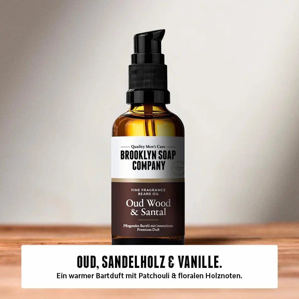 Brooklyn Soap Company Oud Wood & Santal olejek do brody 50 ml – pielęgnujący olejek do brody dla mężczyzn – do codziennej pielęgnacji brody – Beard Oil w rozmiarze podróżnym, idealny jako prezent dla