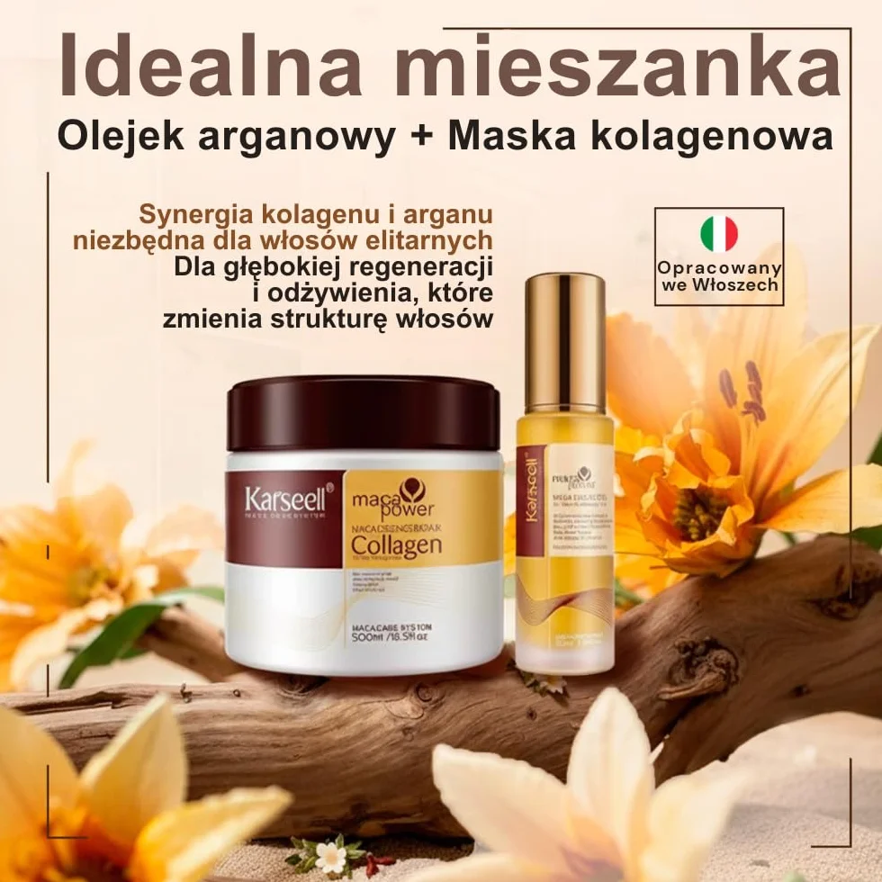 Karseell MACA CARE SYSTEM Maska Kolagenowa Serum Olejek Arganowy Włosy Suche Zniszczone Farbowane Puszące Nawilżenie Blask Regeneracja Wzmocnienie Do Wszystkich Rodzajów Włosów 500ml+50ml