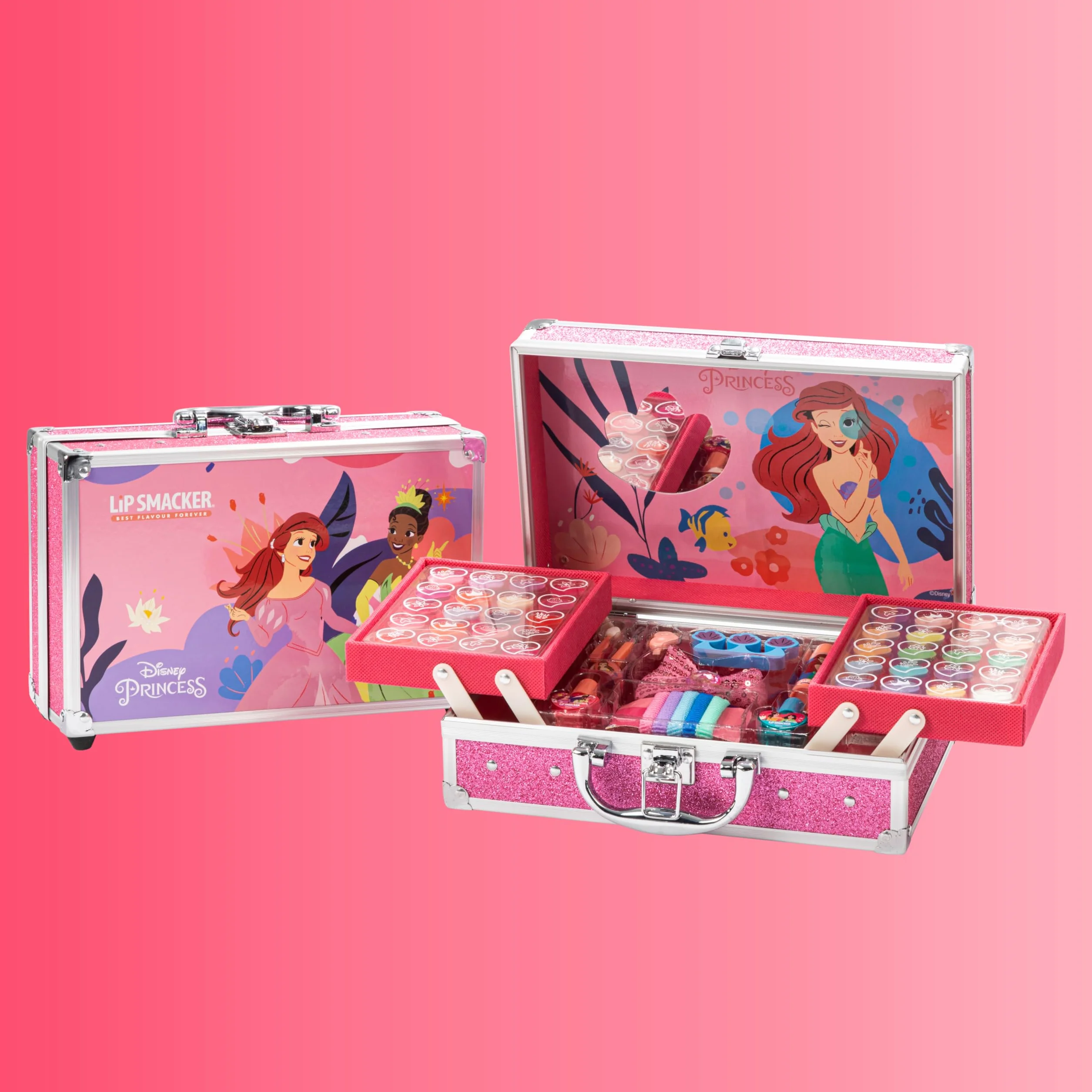 Lip Smacker Disney Princess Trolley, Zestaw do Makijażu dla Dziewczynki, 40+ Elementów do Makijażu Twarzy, Ust i Paznokci, w Tym Akcesoria Kosmetyczne do Włosów i Makijażu