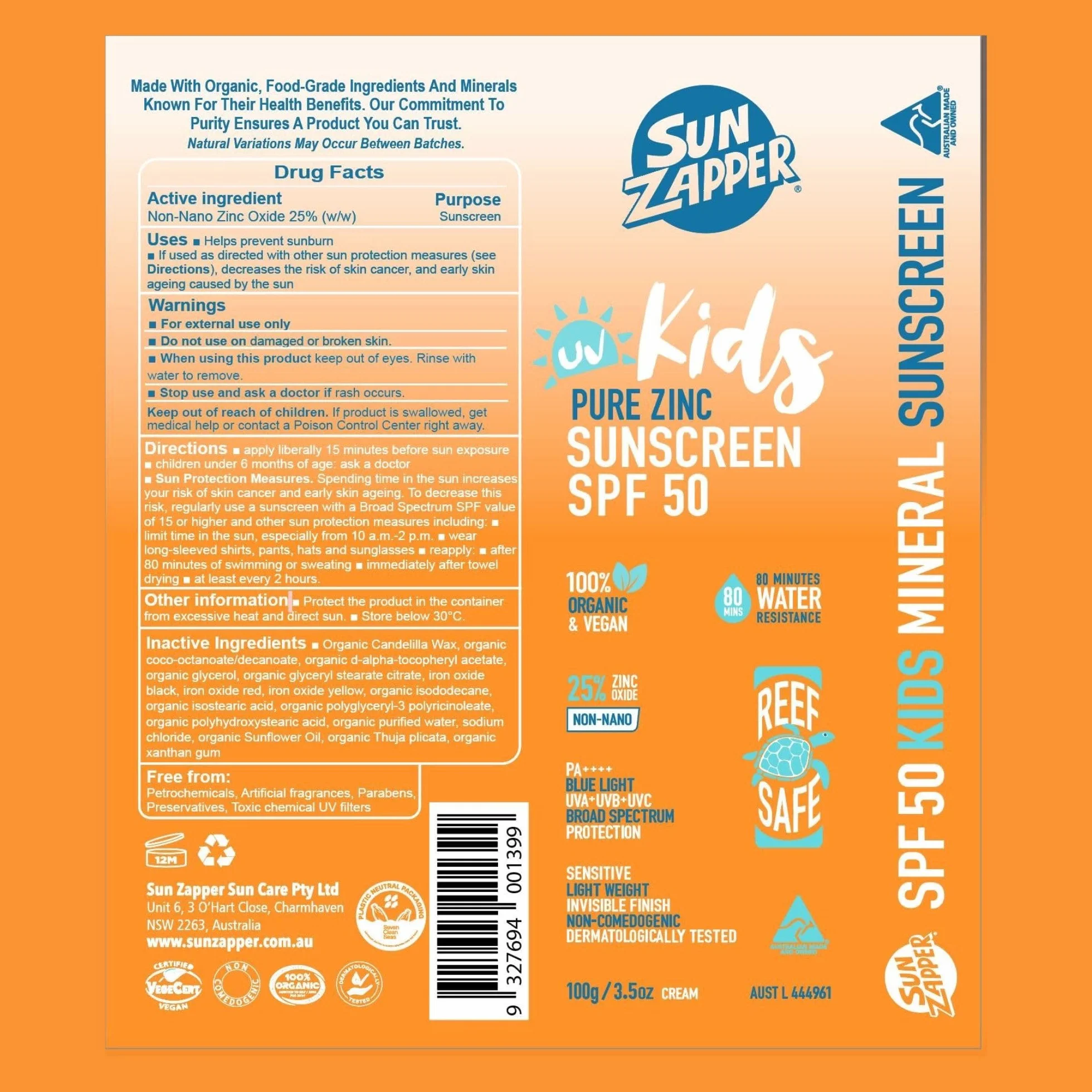 Sun Zapper Pure Zinc Kids Mineral Sunscreen SPF 50 Natural Kids Sun Cream