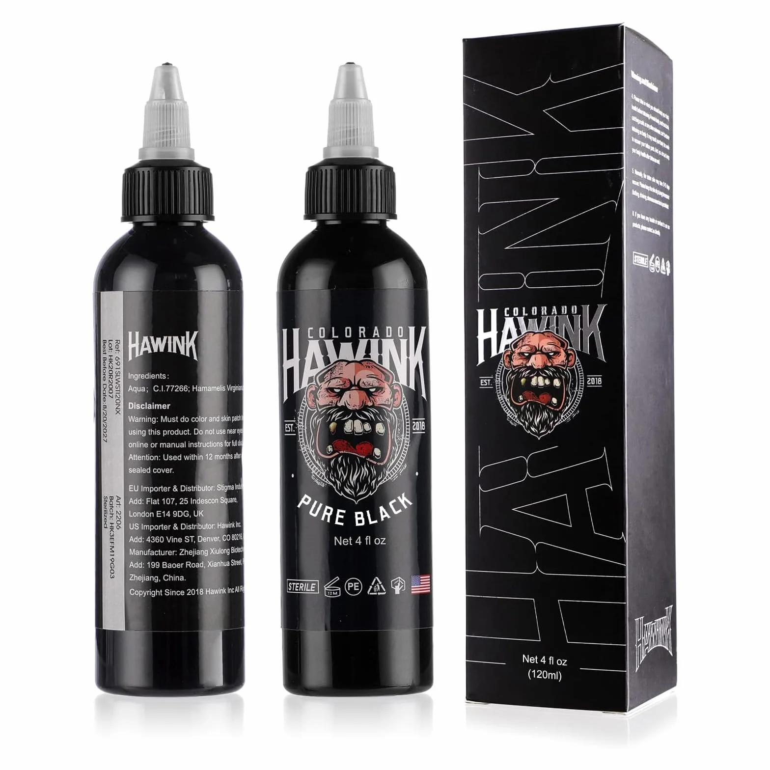 HAWINK Tusz do Tatuażu Black Professional 120ml (4oz) Przyjazny dla Wegan, Standard USA, Pigmentowy Tusz do Tatuażu, Czysty Czarny TI203-120-001
