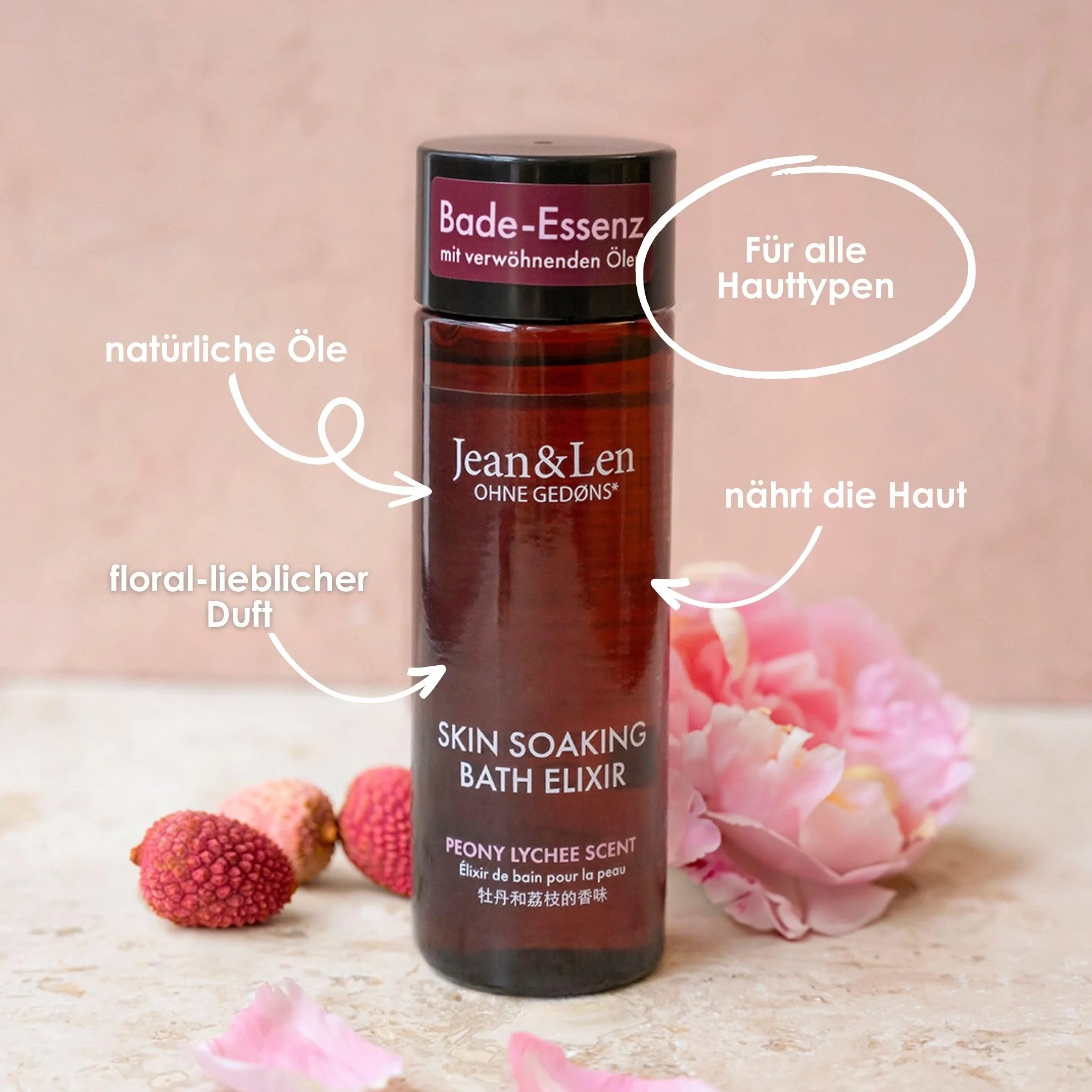 Jean & Len Bath Elixir Peony & Lychee, z naturalnymi olejkami, pozostawia przyjemne uczucie na skórze, kwiatowy zapach, olejek do kąpieli do wszystkich rodzajów skóry, bez parabenów i silikonów, 100