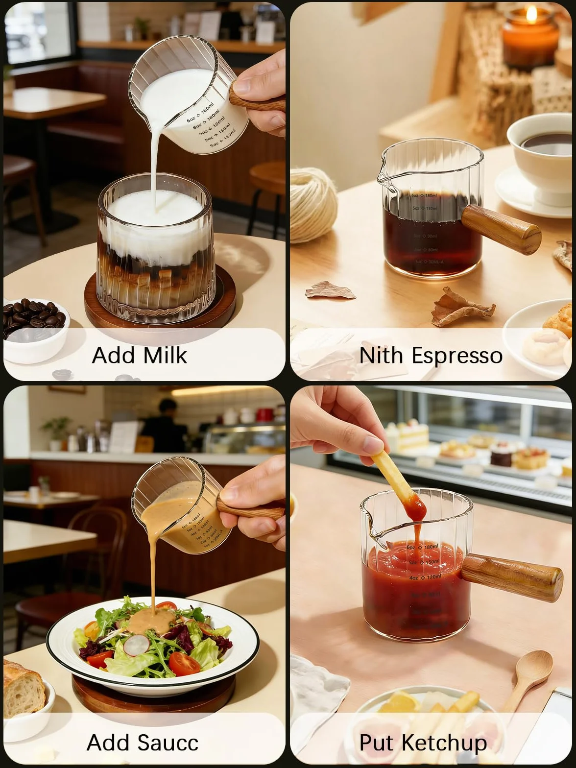 Zestaw 2 Filiżanek do Espresso z Drewnianym Uchwytem – 180 ml, Szkło Borokrzemianowe z Podziałką, Przezroczyste, Wylewka w Kształcie Litery V – do Domu, Biura i Kawiarni