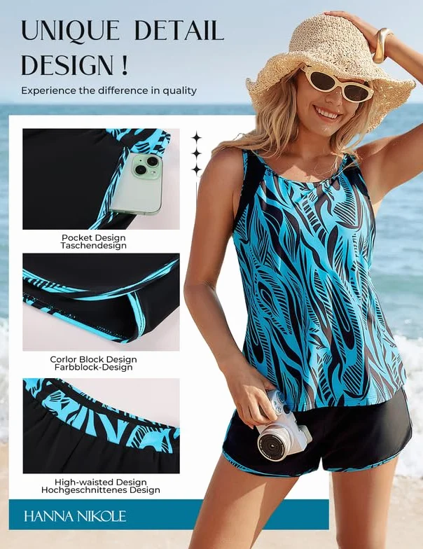 Hanna Nikole Tankini damski kostium kąpielowy, wyszczuplający brzuch, dwuczęściowy biustonosz push-up, moda kąpielowa i wszyte majtki, szorty kąpielowe z wysoką talią, z kieszeniami, regulowany strój