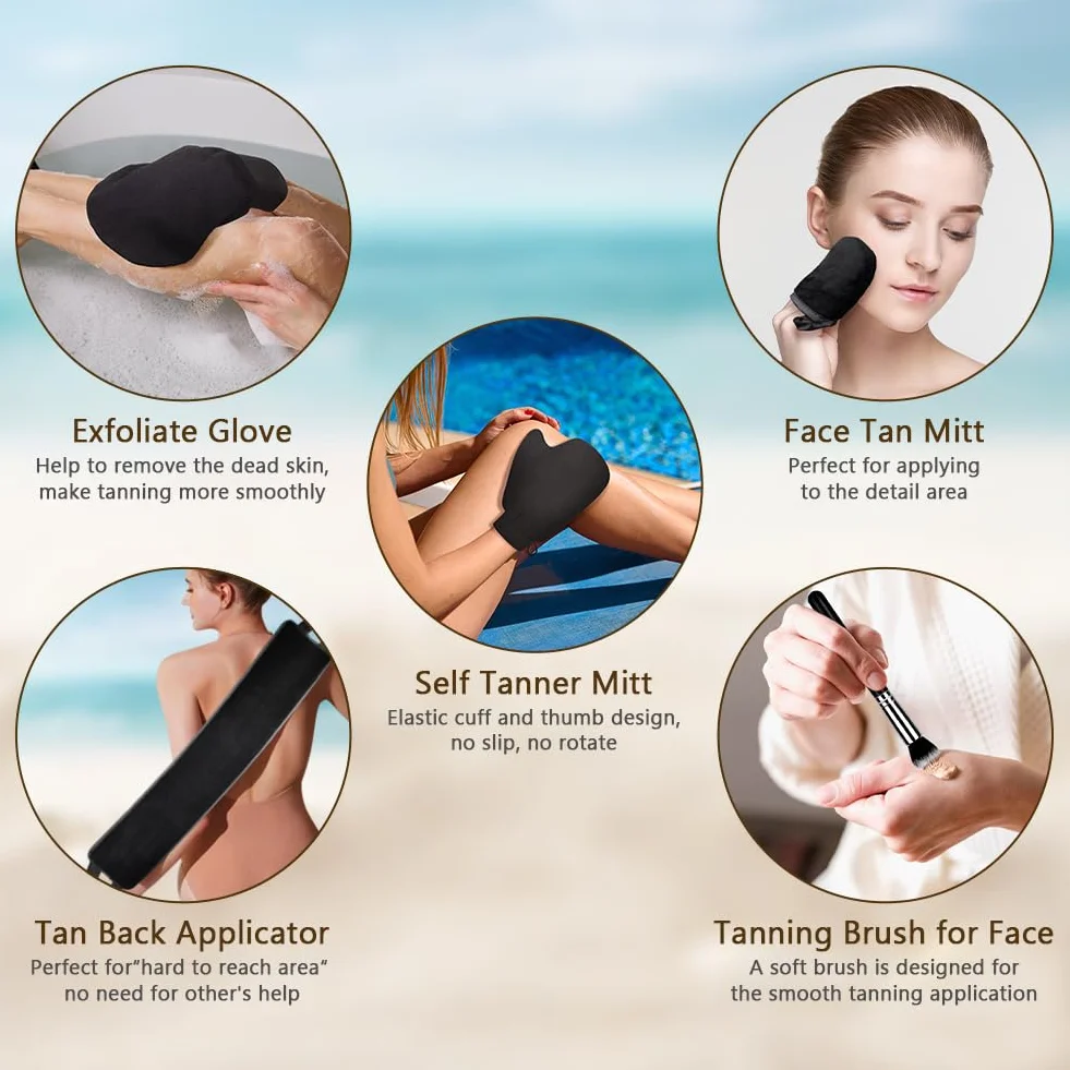 LOPHE Aplikator samoopalający, 5-częściowy czarny aplikator balsamu do pleców, aplikator Sunless Tanning Mitt aplikator balsam do opalania, opalarka strumieniowa